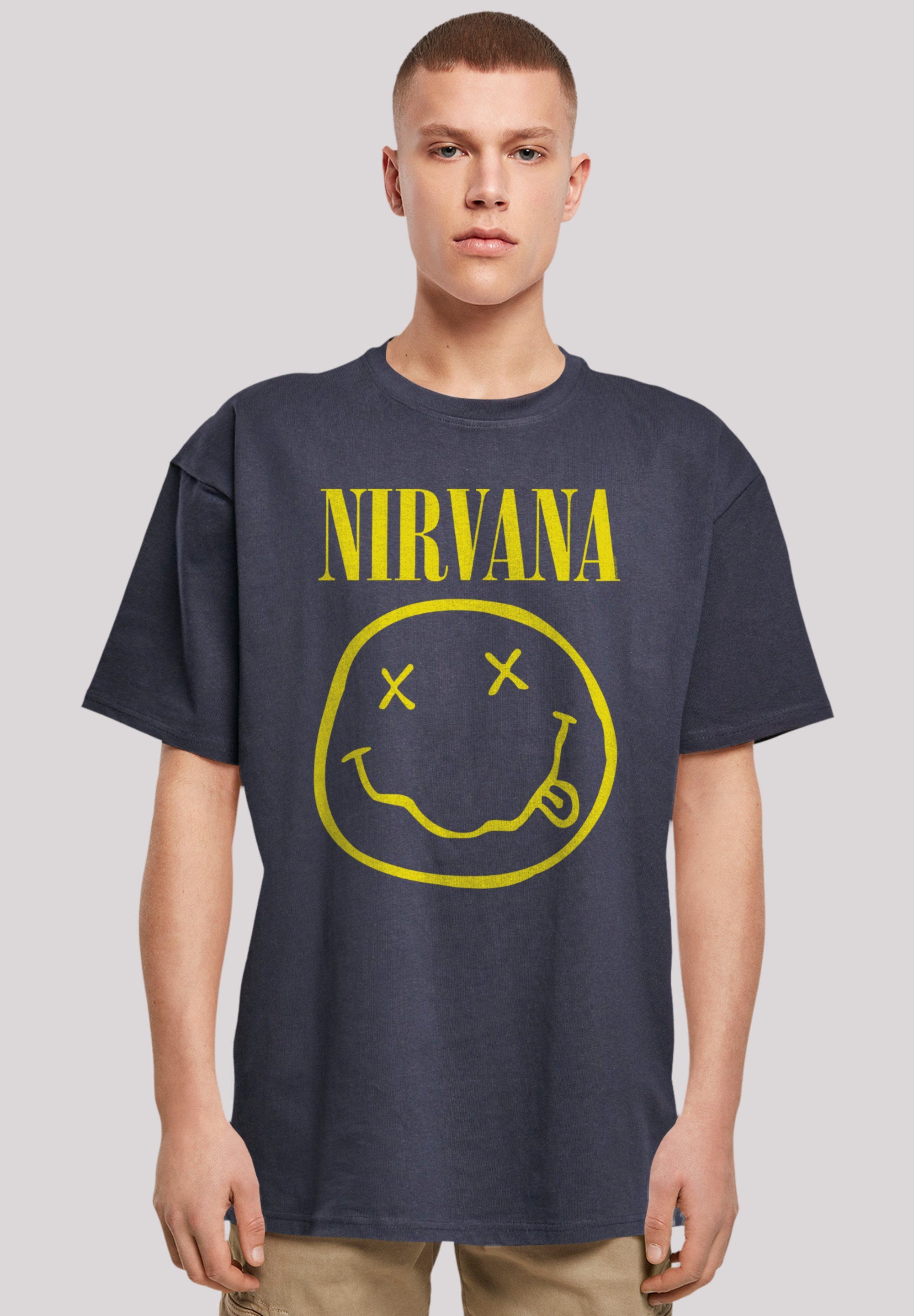 F4NT4STIC T-Shirt Nirvana Rock Band Yellow Happy Face Premium Qualität navy