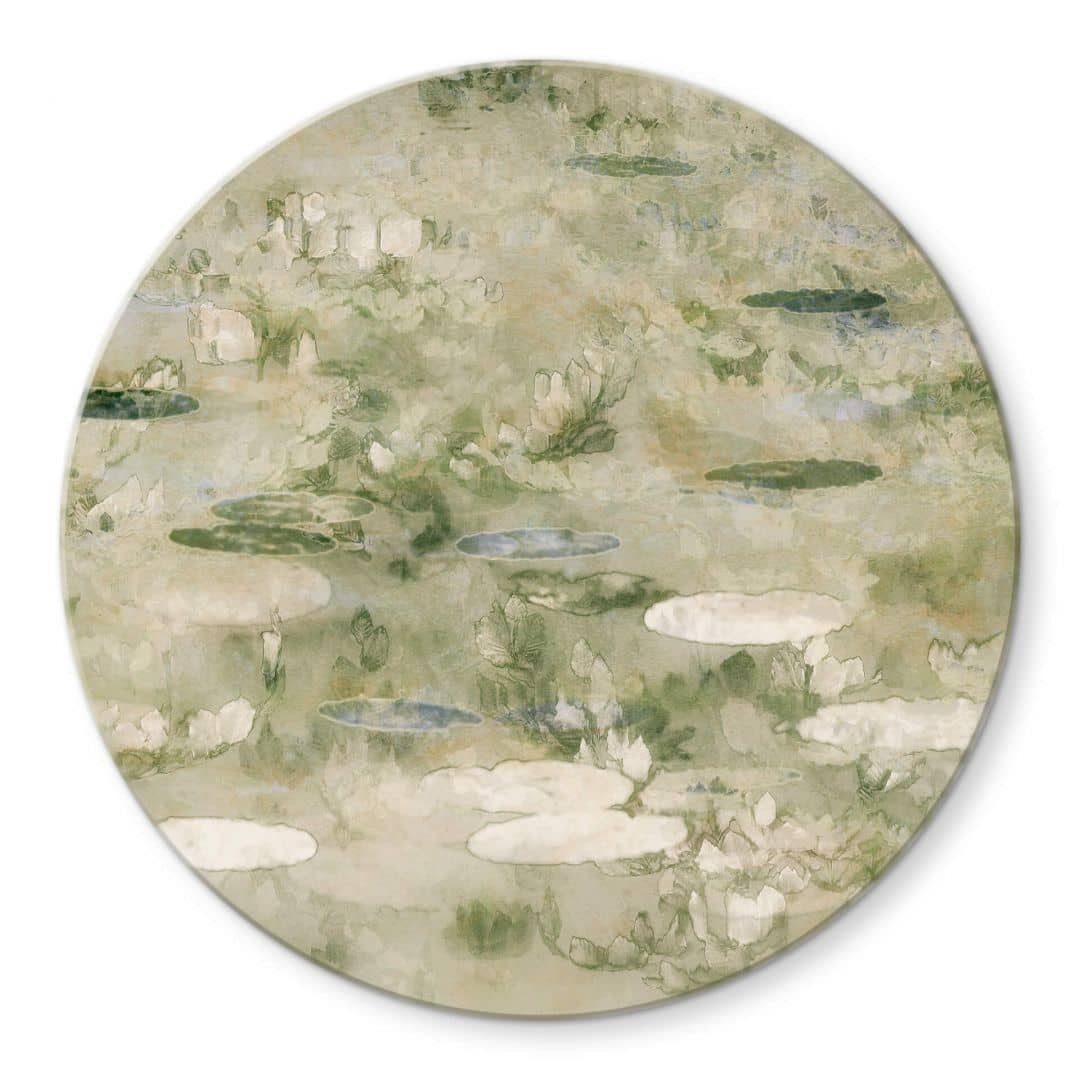 K&L Wall Art Glasbild Glas Wandbild Rund Glasbild Kunstdruck Talen Seerosen Teich, Wandschutz Deko Bilder