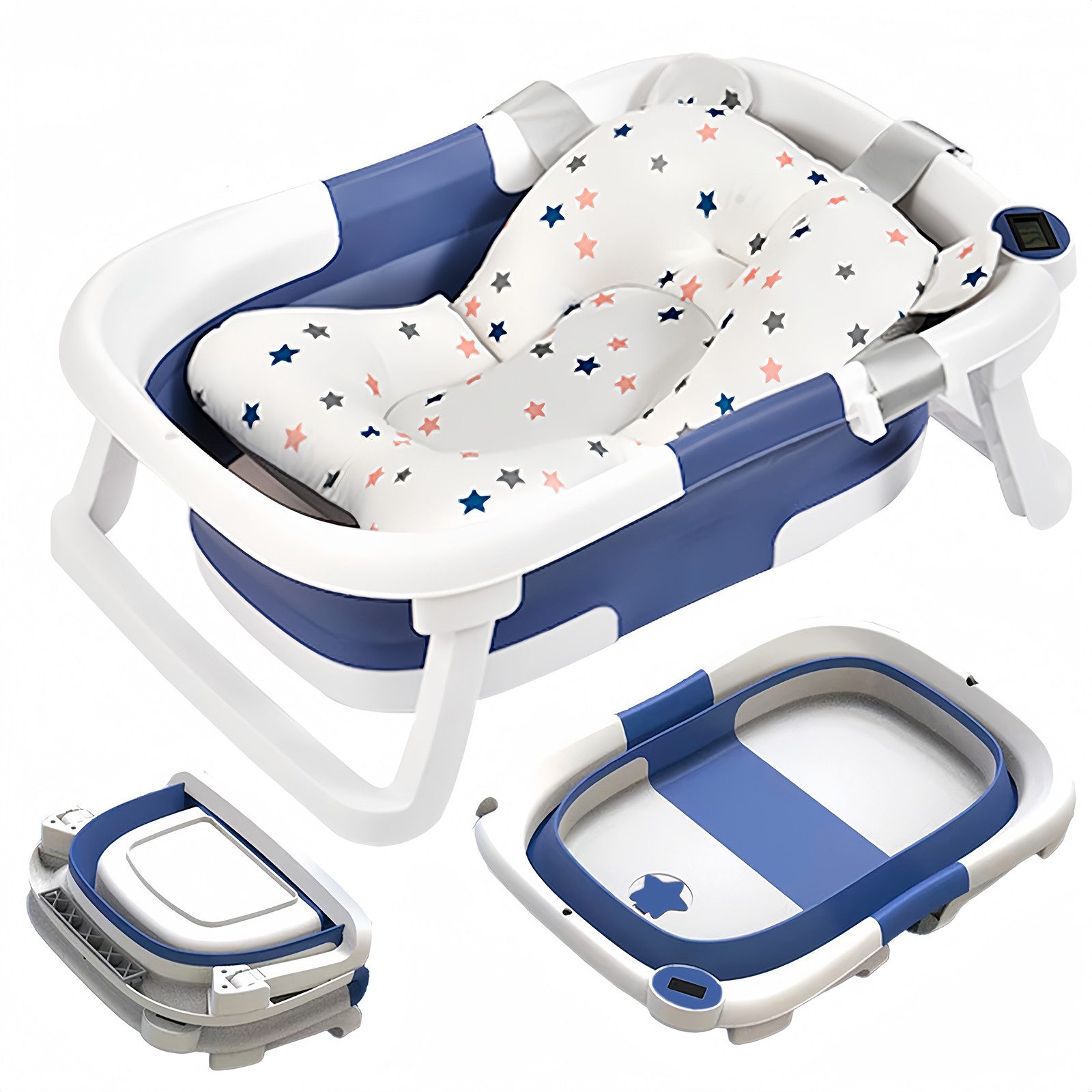 BlingBin Babybadewanne Zusammenklappbare Temperaturgefühl-Badewanne für Babys+Badematte, Blau, (1er Set, 2-tlg), Rutschfester Ständer und tragbares leichtes Badebecken, Abflussloch