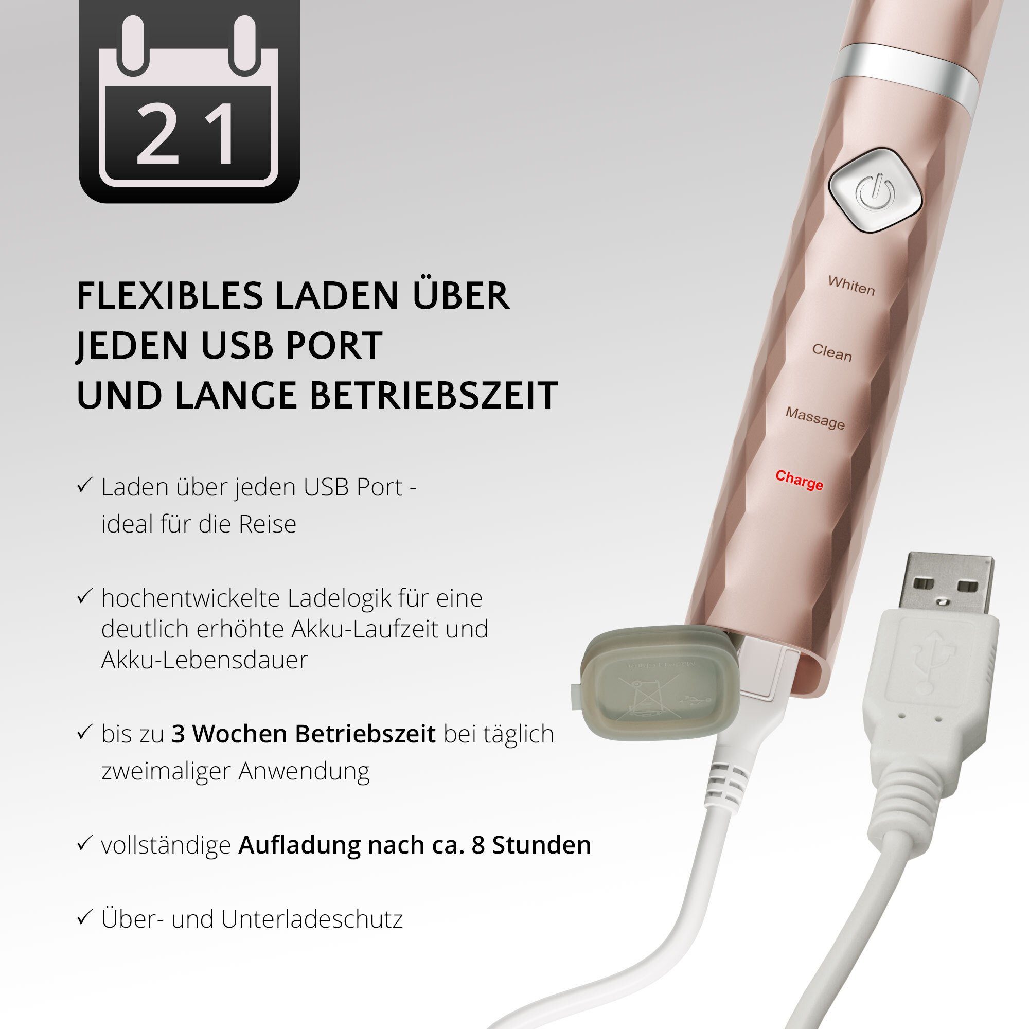 AILORIA Schallzahnbürste FLASH TRAVEL USB-Schallzahnbürste, Aufsteckbürsten: 2 St., 3 Putzmodi