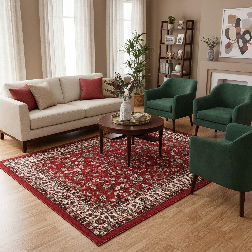 Vimoda Orientteppich Klassischer Teppich Kurzflor in Grün, Beige, Rot & Grau, Rechteckig, Höhe: 6 mm, Kunstvollem Klassik Muster Blumen GRÜN, Braun & Schwarz