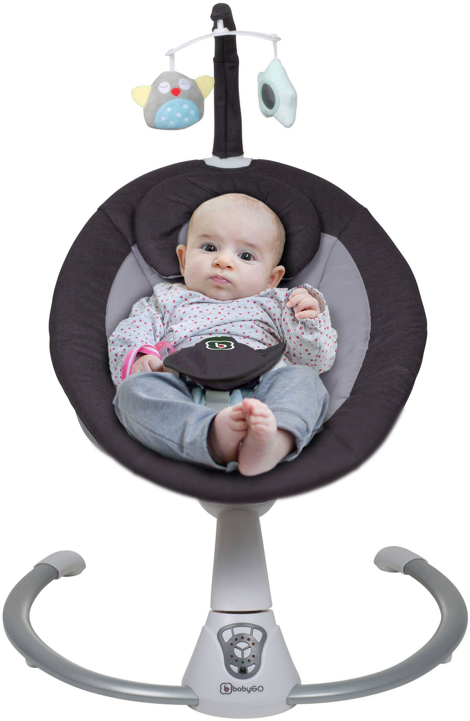 BabyGo Hochstuhl Family Homey Set, grau/dunkelgrau, mit elektrischer Babywippe inkl. Spielbogen