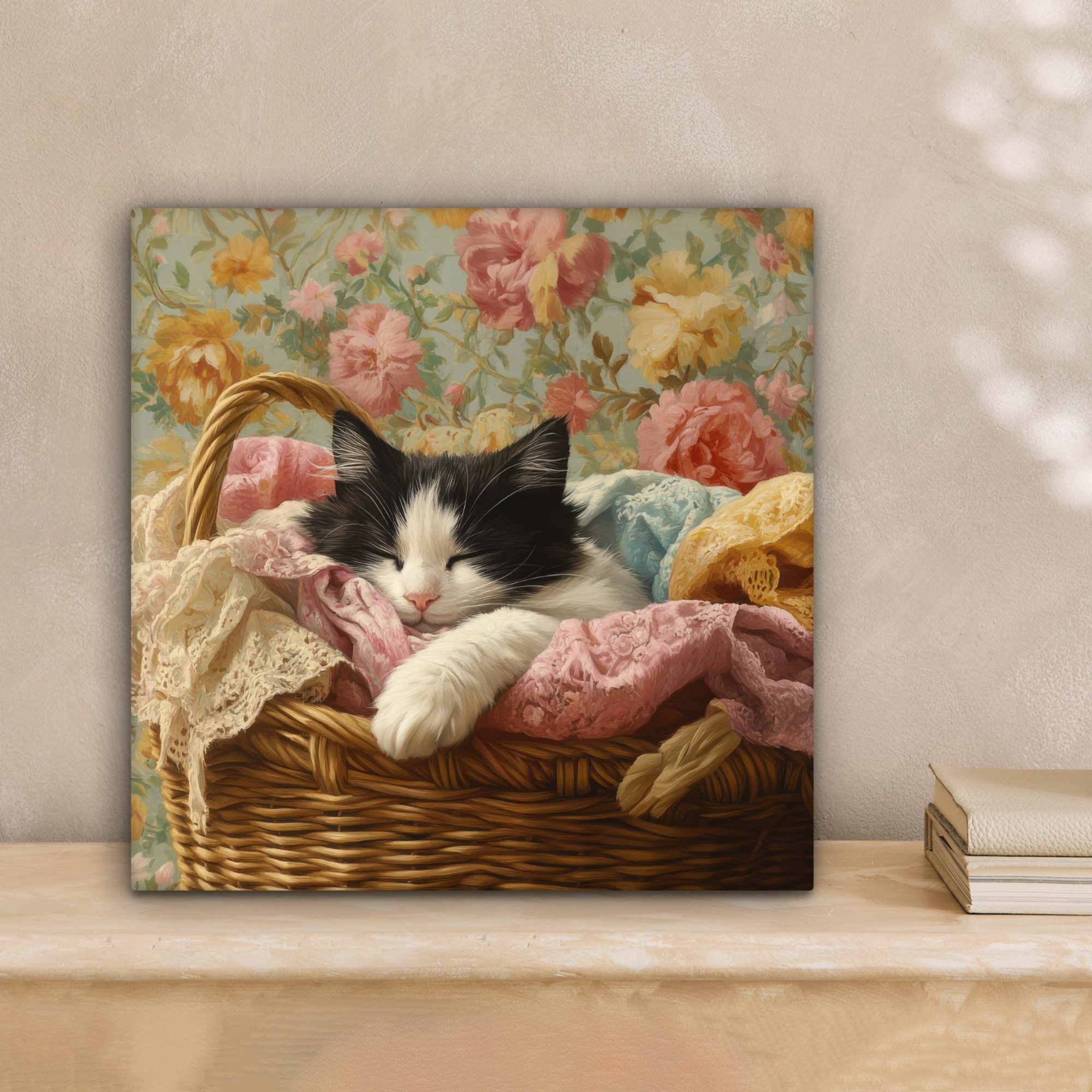 OneMillionCanvasses® Leinwandbild Katze - Blumendruck - Weidenkorb, Fotodru günstig online kaufen