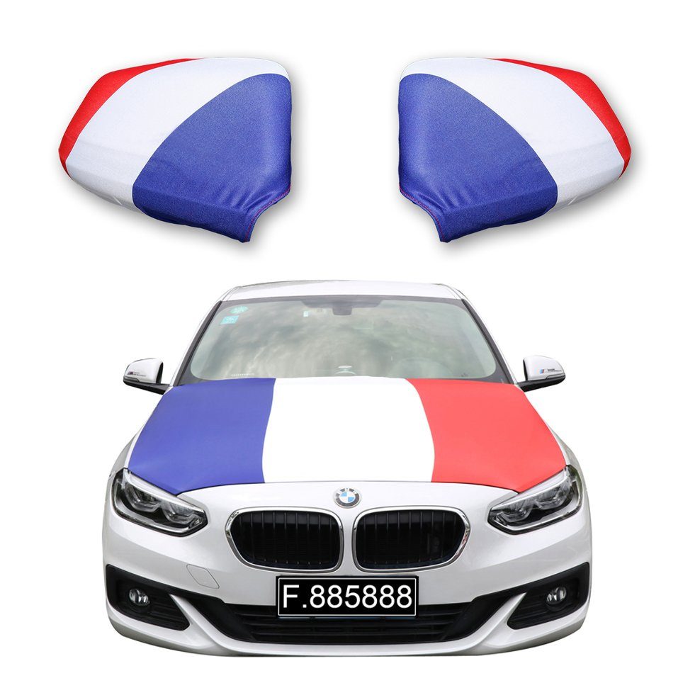 Sonia Originelli Fahne Fanset "Frankreich" France Fußball Motorhaube Außenspiegel Flagge, für alle gängigen PKW Modelle, Motorhauben Flagge: ca. 115 x 150cm | Fanfahnen