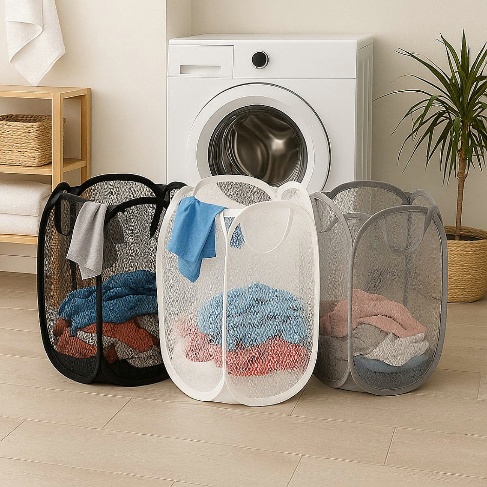 Koopman Wäschenetz Wäschebehälter Wäschesammler Waschbehälter Mesh-Netz,(Stück, 1-St., Packung), Schwarz, 58x36x36cm, Pop-Up, Nylon, Tragegriff