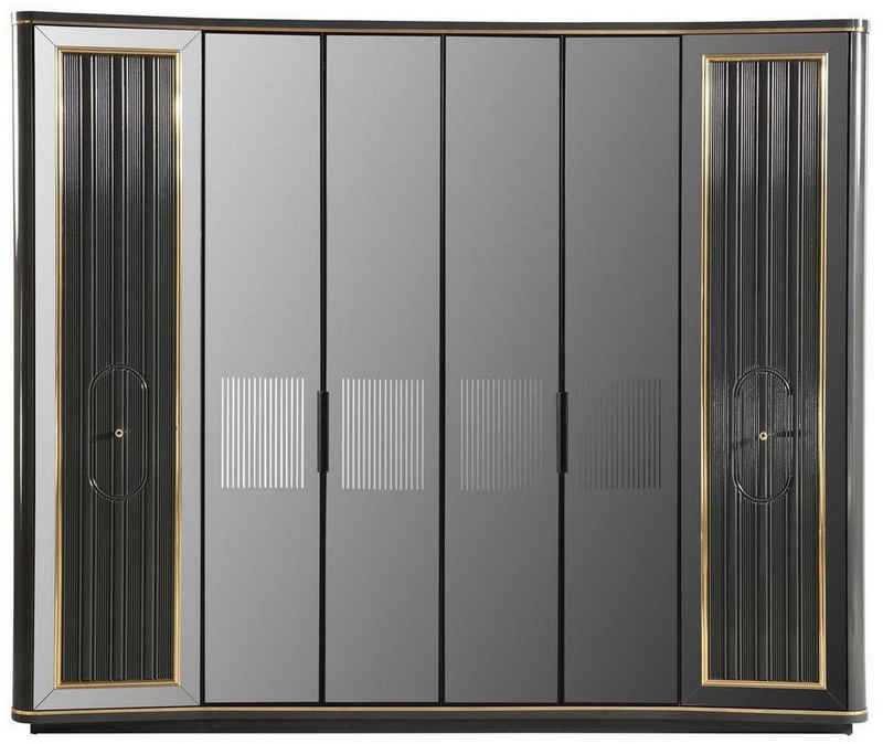 Casa Padrino Kleiderschrank Luxus Art Deco Schlafzimmerschrank Grau / Gold 265 x 67 x H. 220 cm - Edler Massivholz Kleiderschrank mit 6 verspiegelten Türen - Schlafzimmer Möbel - Luxus Qualität