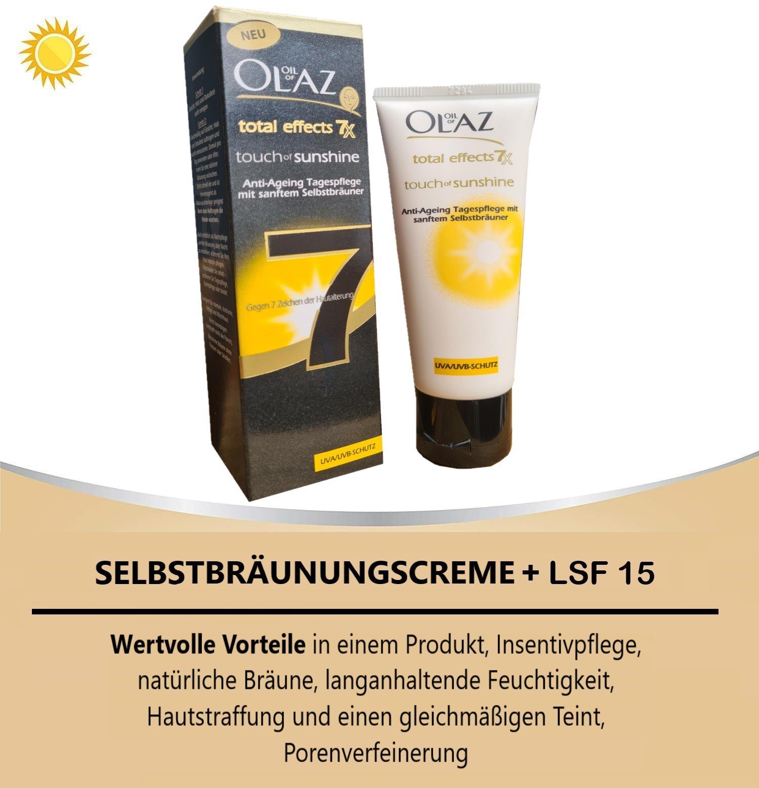 OLAZ Tagescreme Total Effects Touch of Sunshine Tagescreme mit Selbstbräuner 40ml Anti-Aging Creme für natürliche & fleckenfreie Bräune, straffung, jüngeres Aussehen, Anti Falten Hautcreme mit Vitamin E Naturkosmetik Make up Beauty Feuchtigkeitscreme für Frauen Pflege & Schutz von Unreiner, 1-tlg., Haut Creme für alle Hauttypen Feuchtigkeitspflege Hautcreme