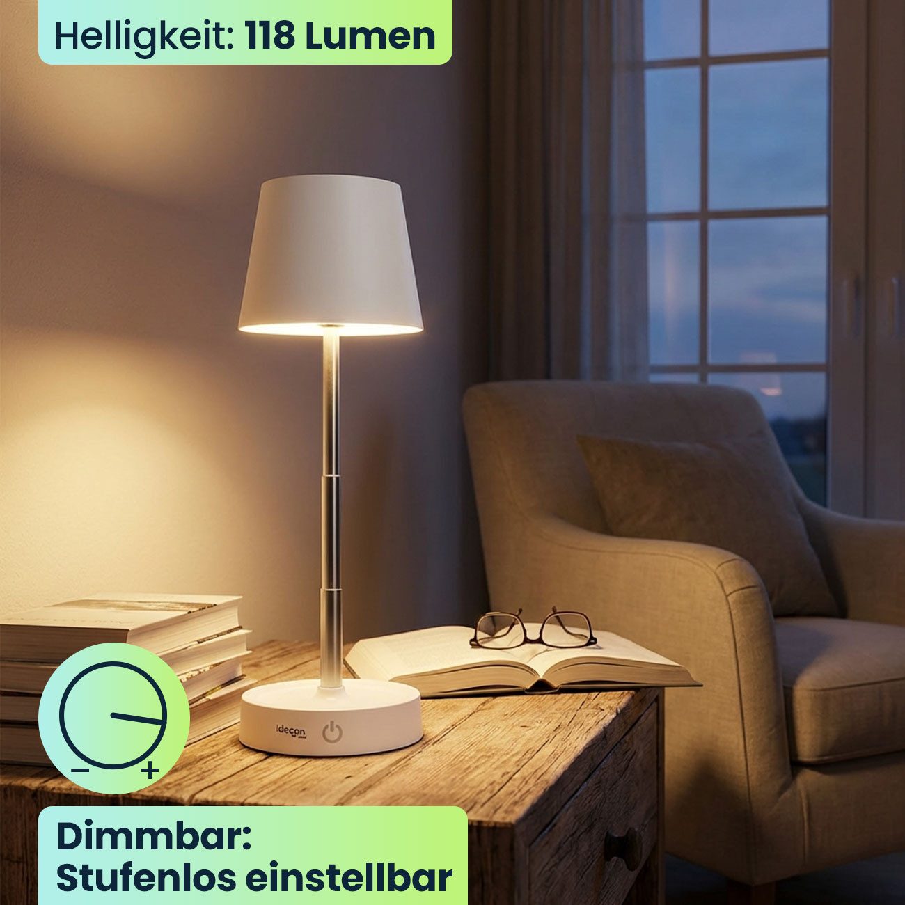 shop'n smile ideoon LED Tischleuchte LED Tischleuchte dimmbar & aufladbar: Akku-Lampe Edelstahl, LED, Helligkeit: 118 Lumen – Bild 3 von 5
