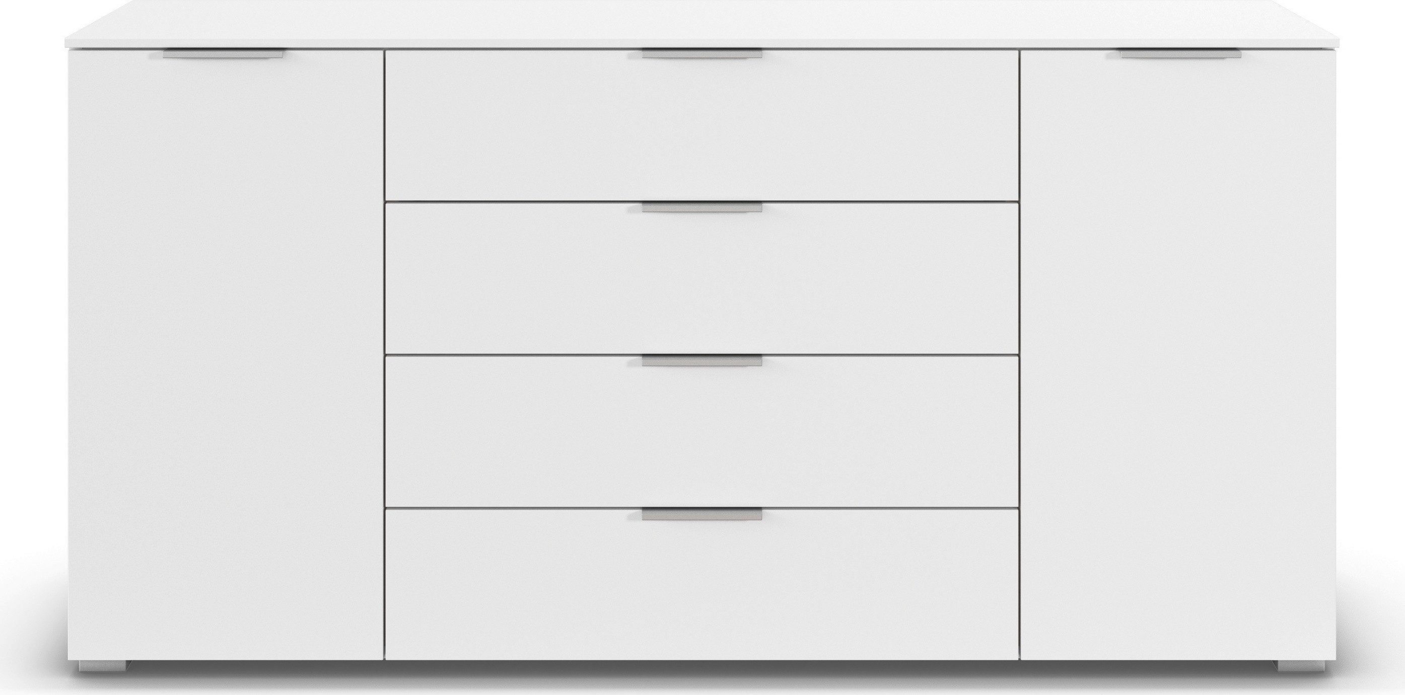 rauch Kombikommode Sideboard Türkommode Schubladenkommode Kommode ASTANA (Breite 160 cm / Höhe 81 cm, mit 4 Einlegeböden), 2-türig, 4 geräumige Schubladen, Kantengriff Alufarben MADE IN GERMANY