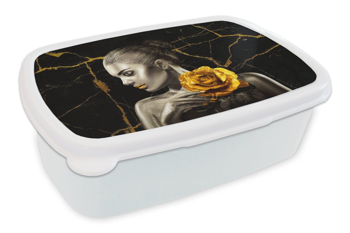 MuchoWow Lunchbox Frauen - Rosen - Gold - Marmor, Kunststoff, (2-tlg), Brotbox für Kinder und Erwachsene, Brotdose, für Jungs und Mädchen weiß