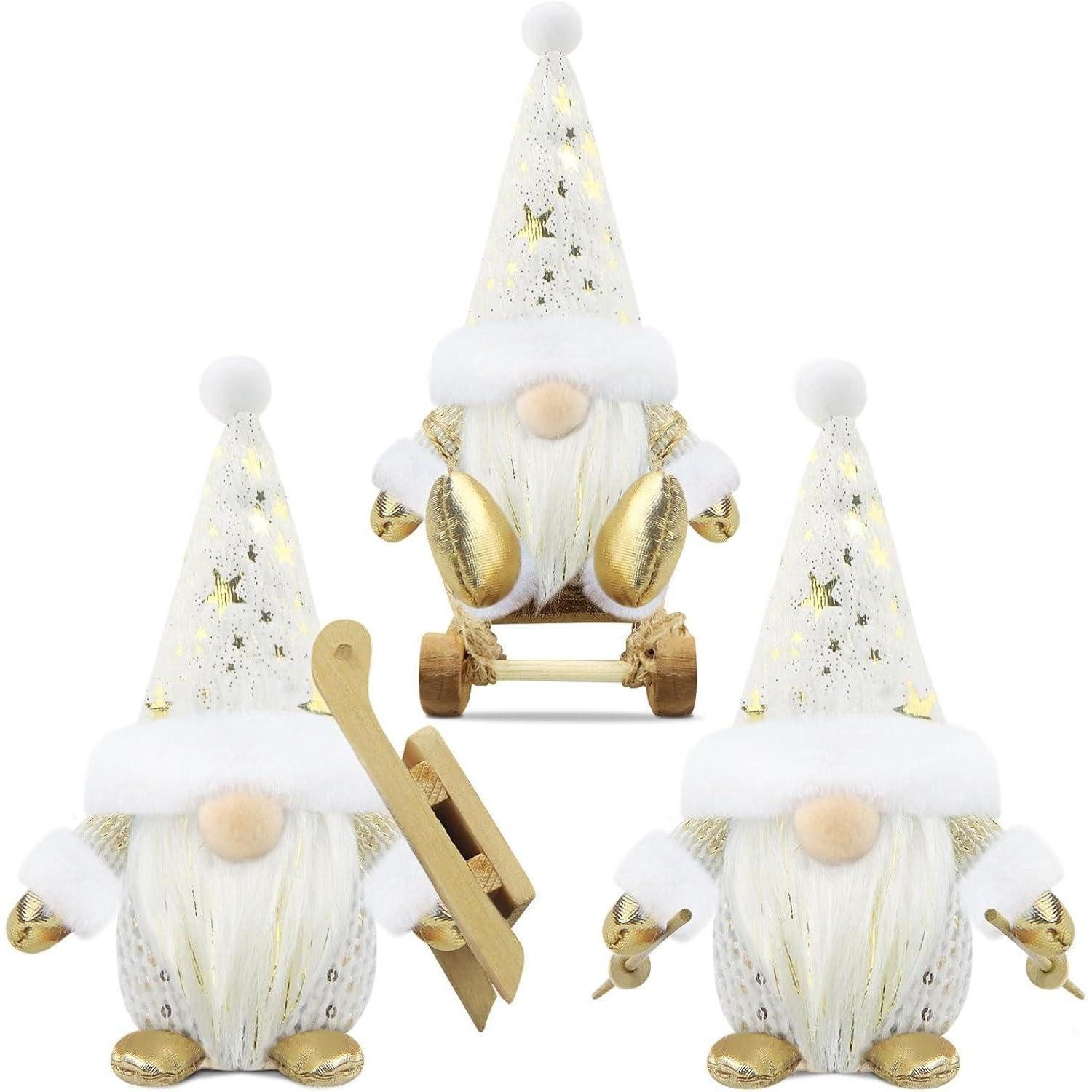 LuxusKollektion Wichtel Weihnachtswichtel Figuren 3er Set Weihnachtsdeko Weiß und Gold