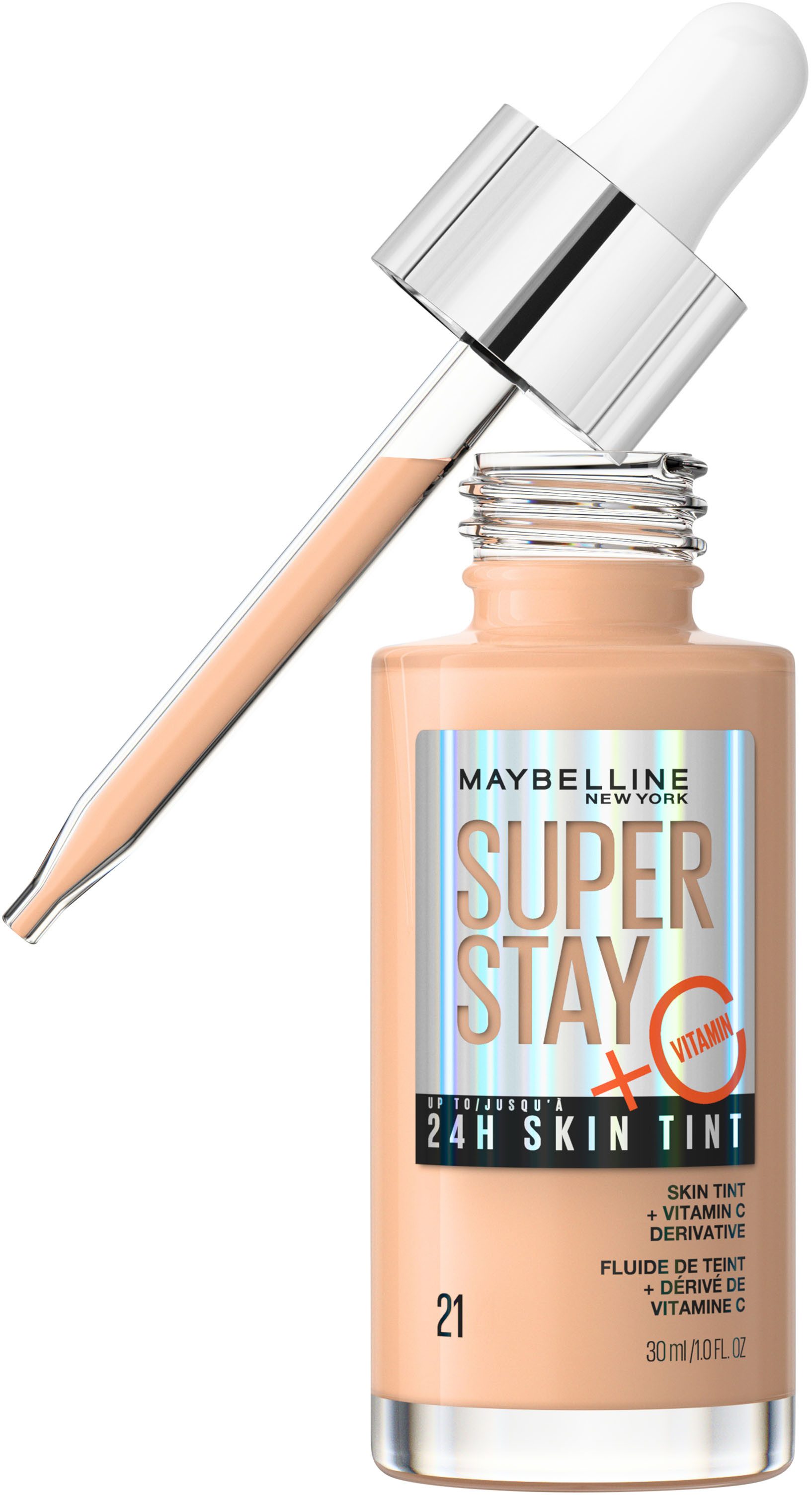 MAYBELLINE NEW YORK Foundation SUPER STAY 24H SKIN TINT MIT VITAMIN C, bietet dank hautähnlicher Pigmente eine leichte bis mittlere Deckkraft