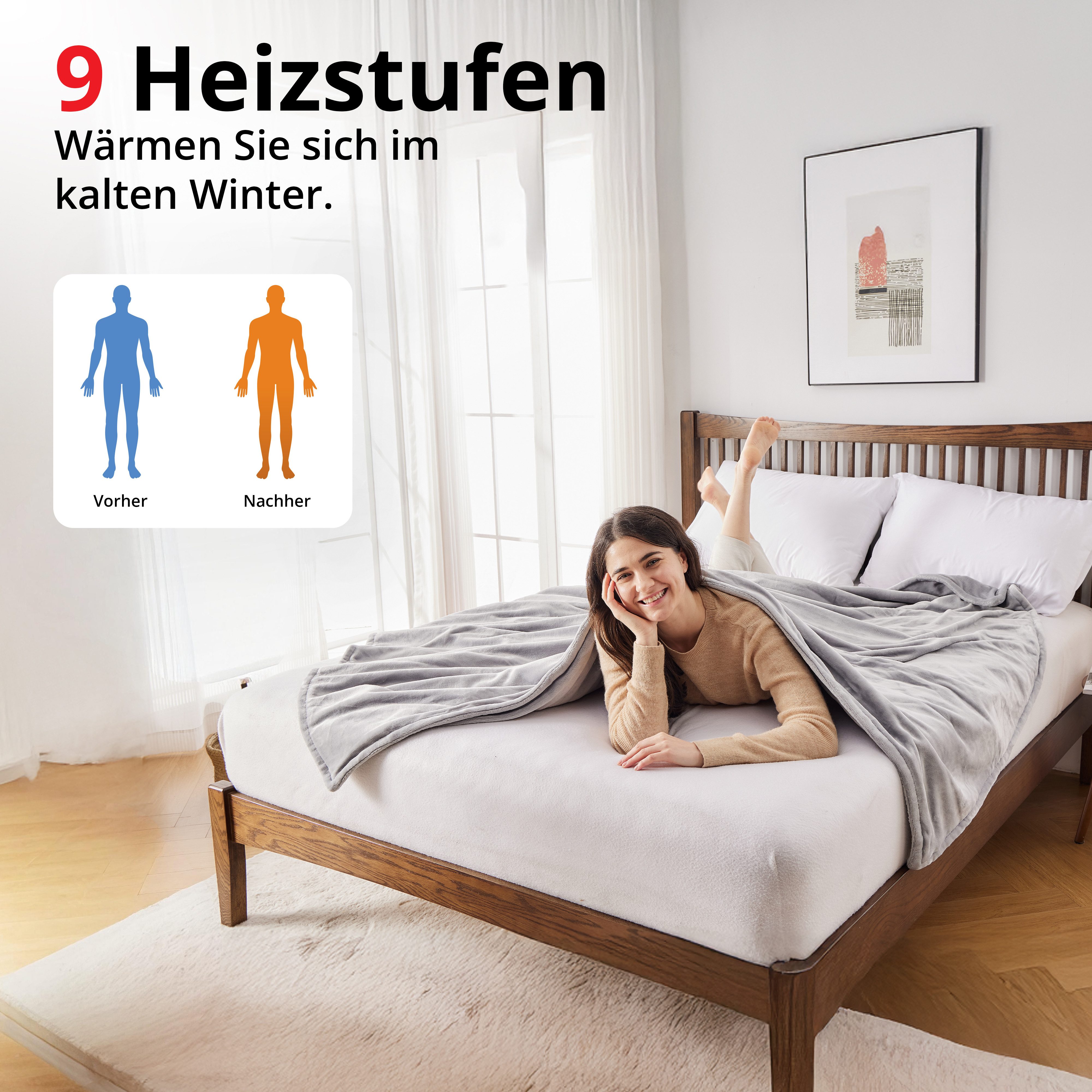 Grafner Heizdecke Wärmedecke Sherpa Fleece LED-Display 200x180cm Grau/Weiß