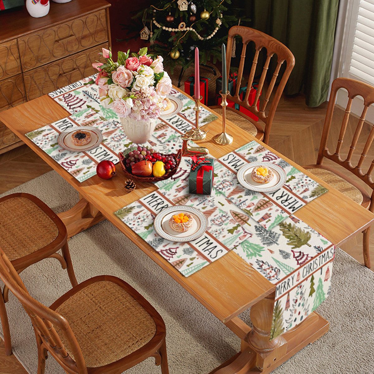 Tischläufer Weihnachten Tischdecke mit Tischläufern und Tischsets, Leinen waschbar