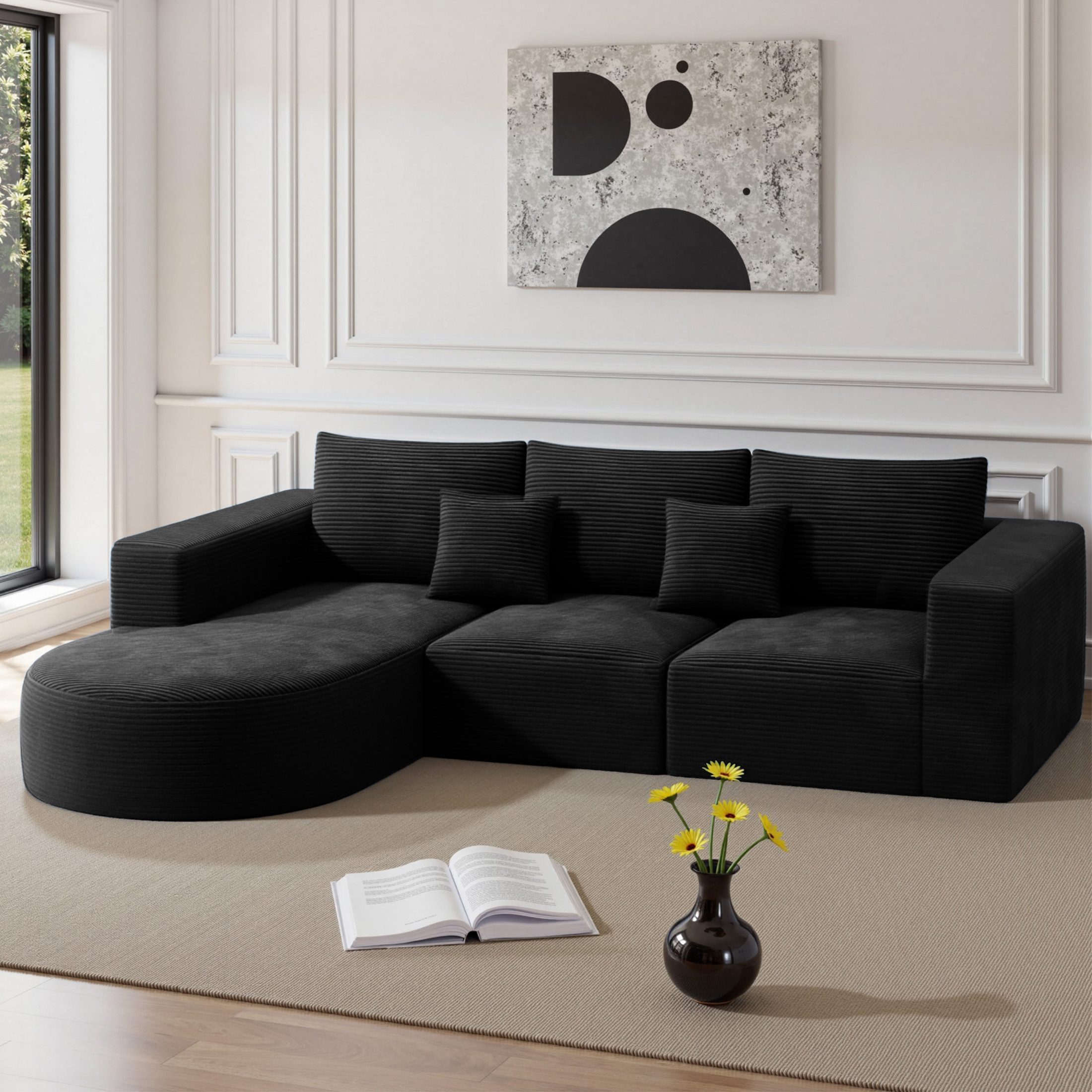 HawthyHome Sofa Cloud-Cord Ecksofa L-form 264x177cm, 1 Teile, Montagefrei Couch mit zwei Kissen für Wohnzimmer & Schlafzimmer