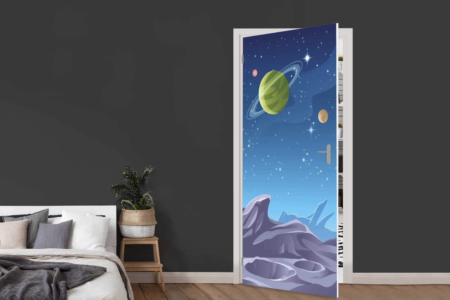 cm sichtbaren Tür, Matt, mit MuchoWow 75x205 der für bedruckt, Türaufkleber, Illustration Eine St), Mondoberfläche (1 Türtapete Planeten, Fototapete