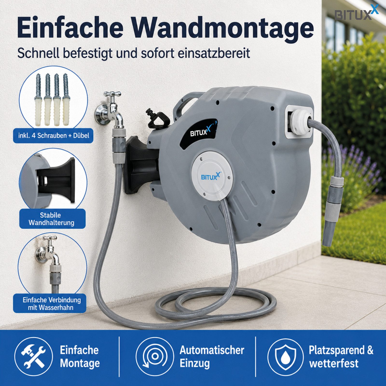 Bituxx Schlauchtrommel Wasser - 20 Meter Wand Wasserschlauchtrommel mit Automatik Aufroller, (1-tlg., MS-17756)