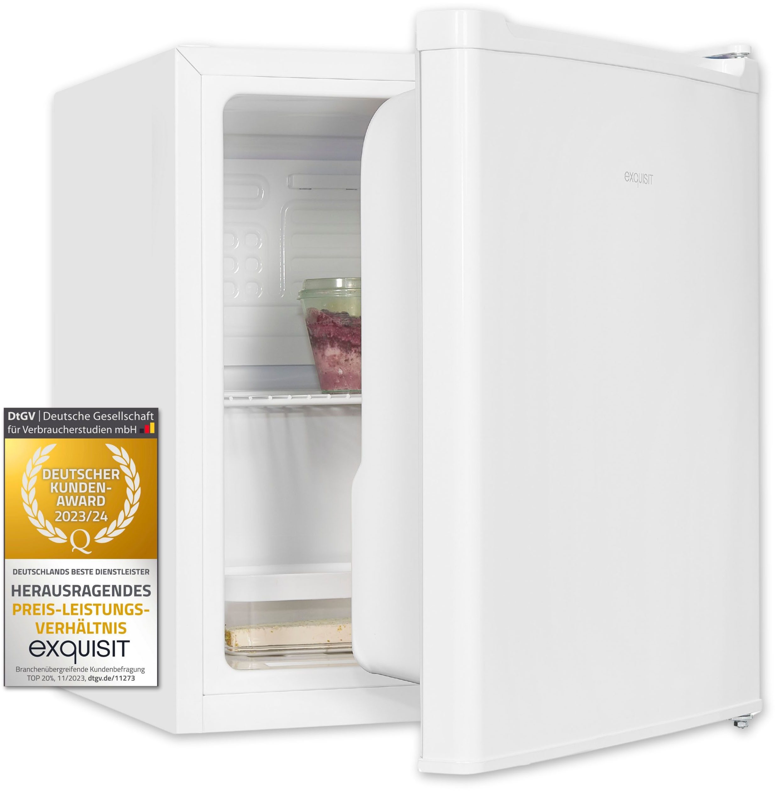 exquisit Kühlschrank KB05-V-O040E weiss, 51 cm hoch, 44 cm breit, Perfekt für Snacks & Getränke: kompakt, flexibel und platzsparend