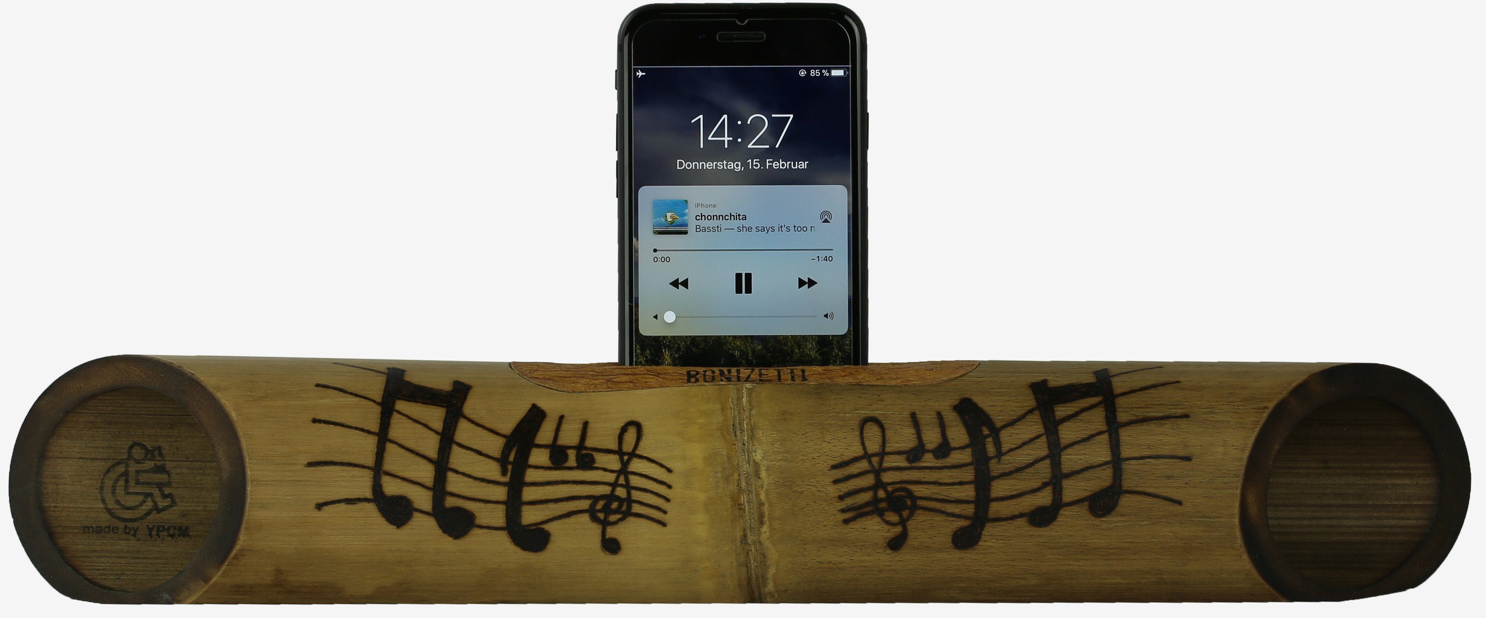 Pyrografie (Bambus-Lautsprecher handgefertigt Noten Handy Lautsprecher Musikbox) Echt Bonizetti Holz