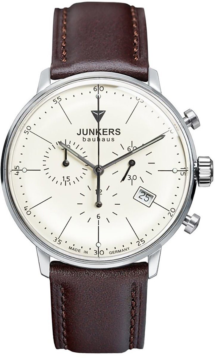 Junkers-Uhren Chronograph JUNKERS Herren-Uhr Quarzuhr Chrono,  (Chronograph), Herren Armbanduhr rund, Lederarmband dunkelbraun, Elegant