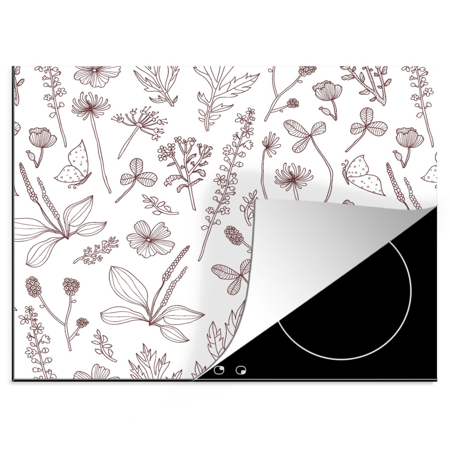 nutzbar, Arbeitsfläche Herdblende-/Abdeckplatte 60x52 Ceranfeldabdeckung MuchoWow Vinyl, Pflanzen cm, - - Muster tlg), (1 Mobile Blumen,
