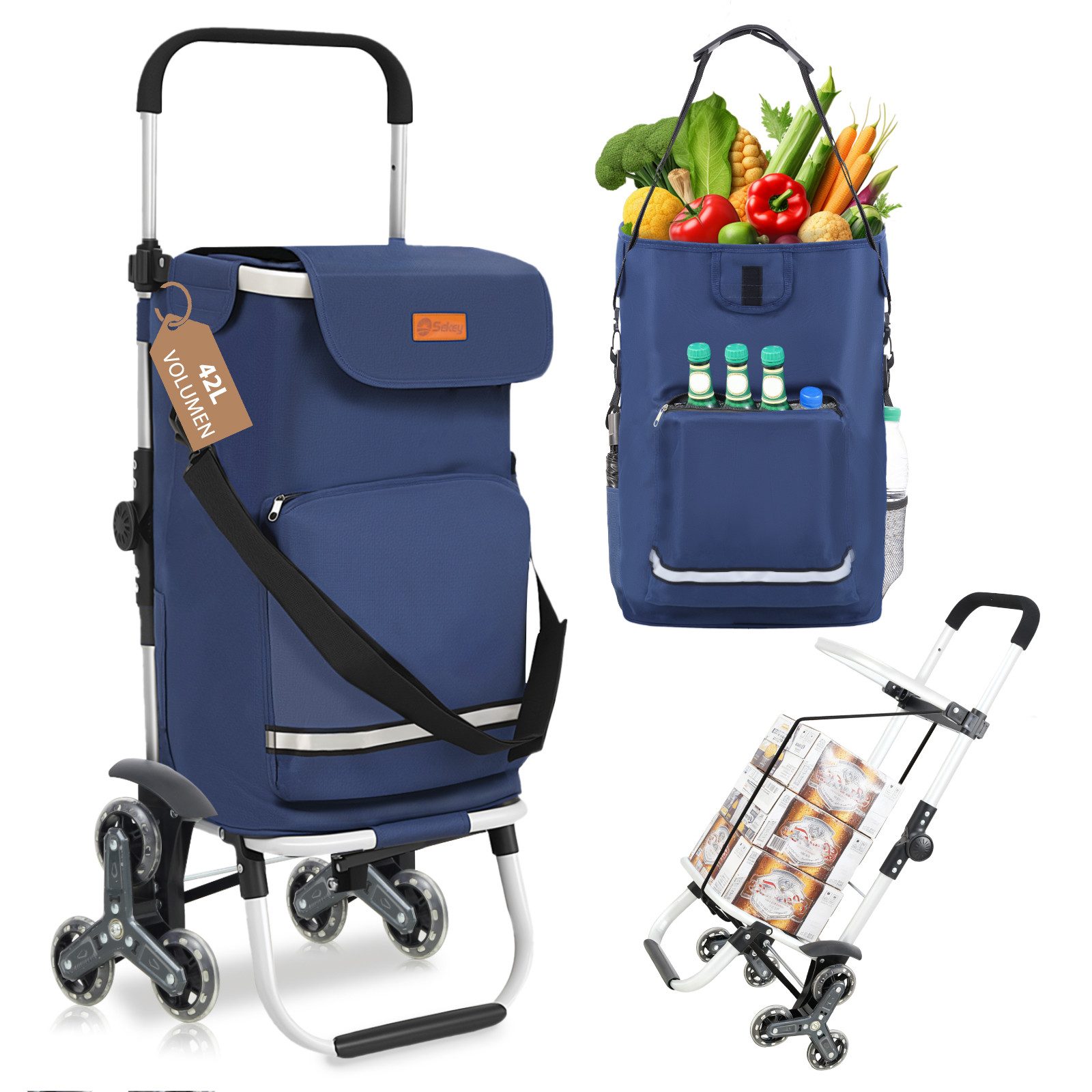 Sekey Einkaufstrolley Klappbarer Einkaufswagen mit Kühlfach, Treppensteiger Trolley 3 in 1, 42 l, Faltbarer Einkaufswagen inkl. Einkaufschip und Spanngurt