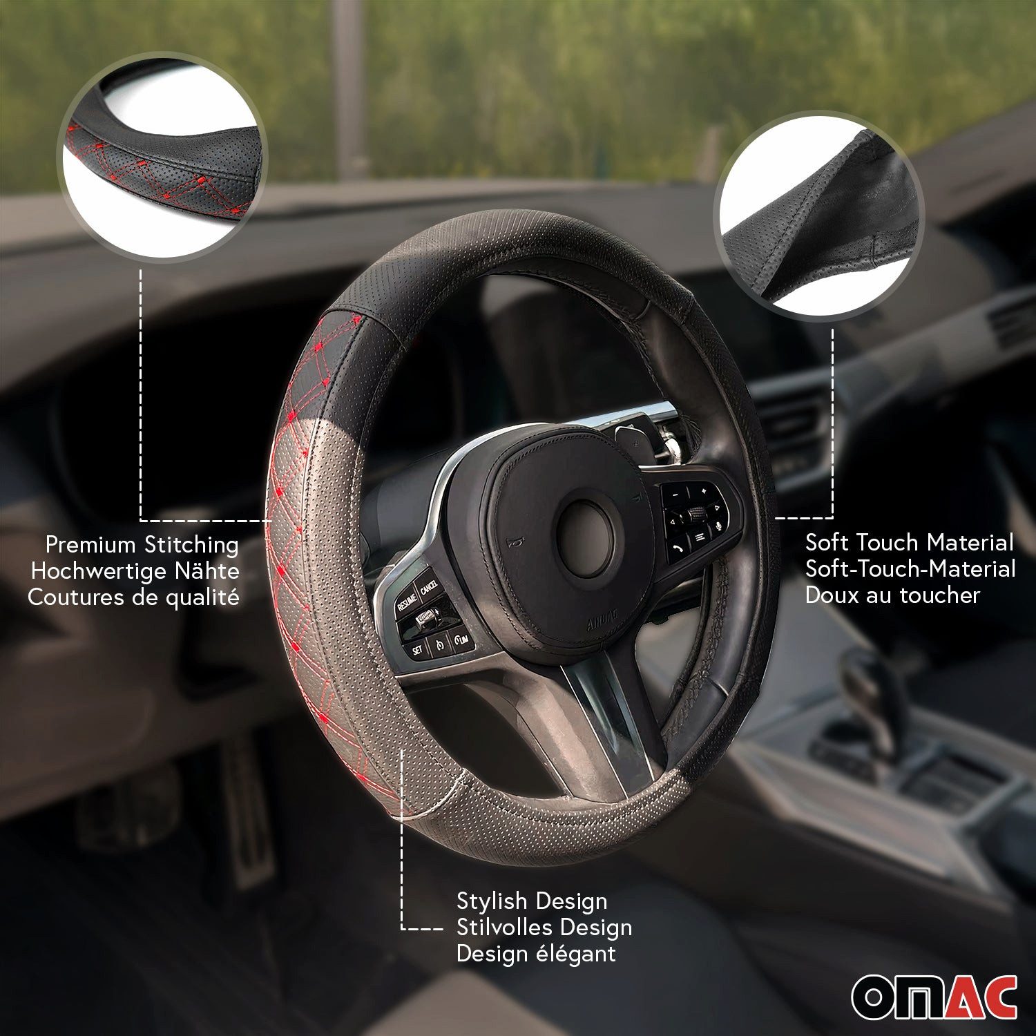 OMAC Steering Wheel Cover, Steering Wheel Protector, Steering Wheel Cover, Black with Red Stitching, Ø 38-40 cm, (1-piece), Odorless, Easily Adjustable, Flexible