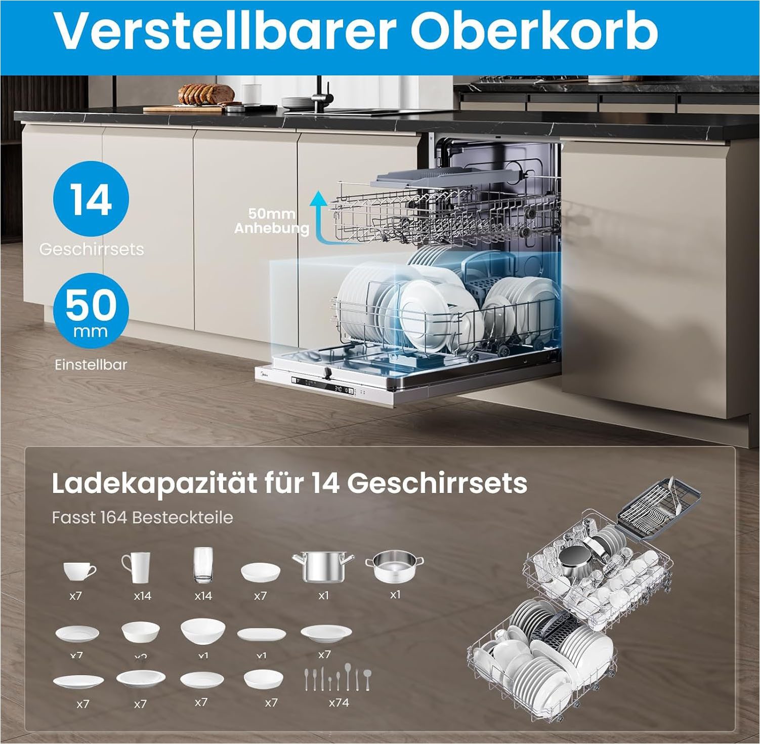 Midea vollintegrierbarer Geschirrspüler SV 5.14K14C, 14 Maßgedecke