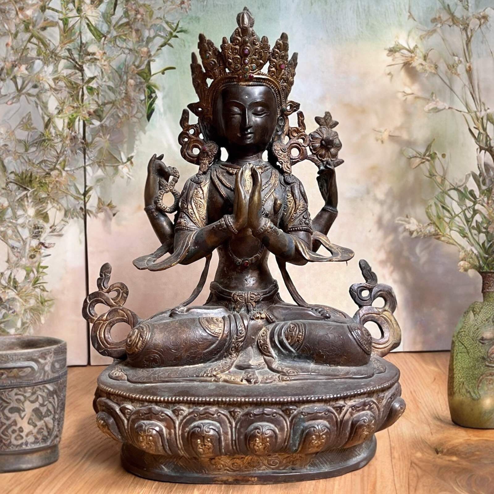 Asien LifeStyle Buddhafigur Chenrezig Bronze Avalokiteshvara vergoldet Tibet Figur
