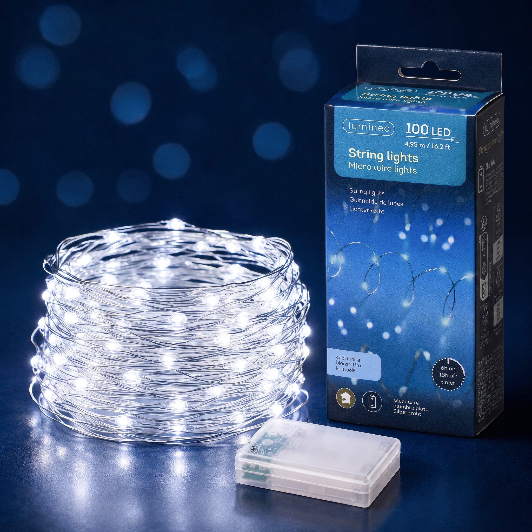 Lumineo LED-Lichterkette, LED Draht Lichterkette 4,95m Batterie 100 Micro-LEDs Kaltweiß Silber