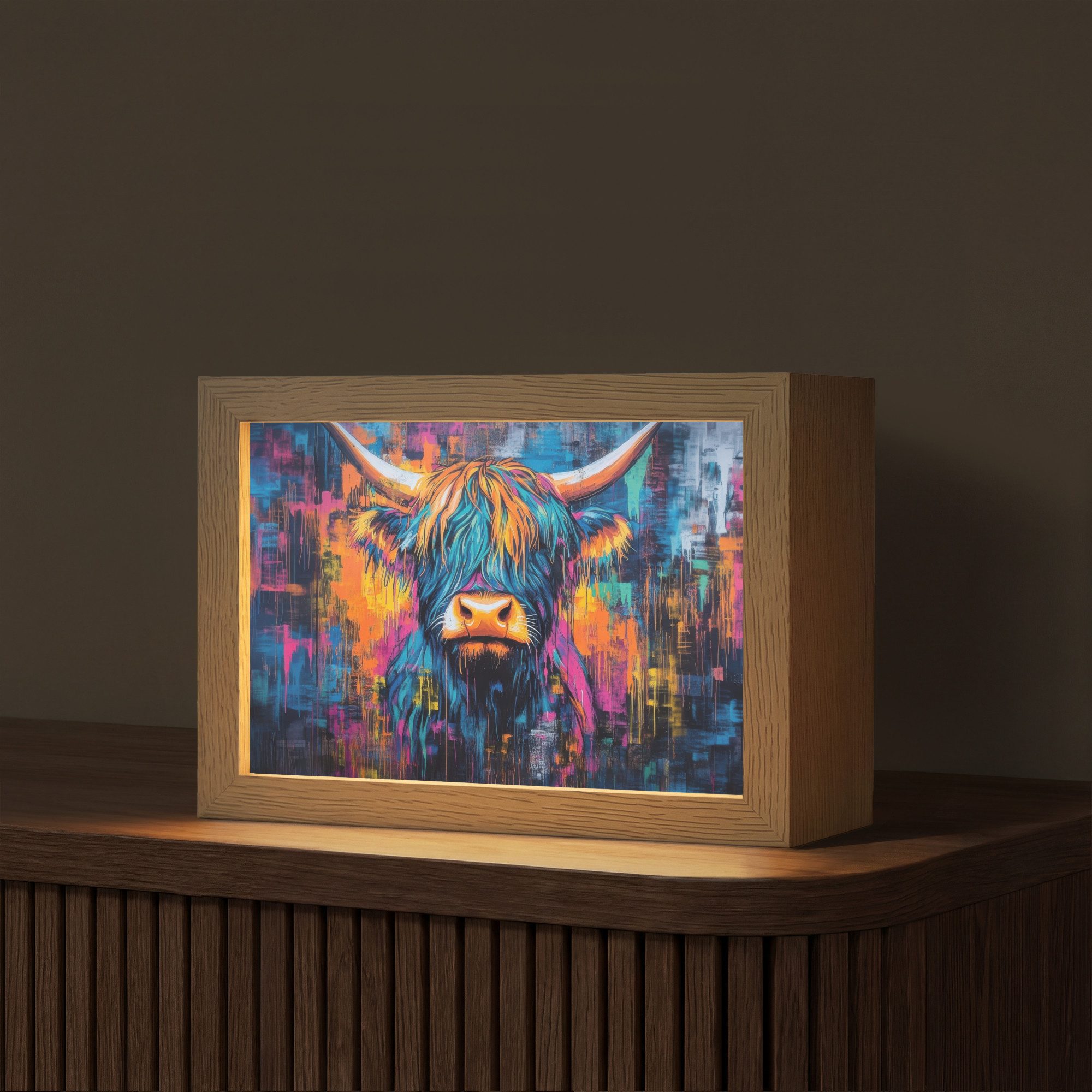 OnlyWow Tischleuchte Lightbox Schottischer Highlander - Abstrakt - Farbenfroh, Dimmbar, Farbwechsel, LED, Warmweiß, Kaltweiß, Neutralweiß Einstellbar, Tischlampe, Schreibtischlampe, Desk, Dimmbar, mit Kabel, LED