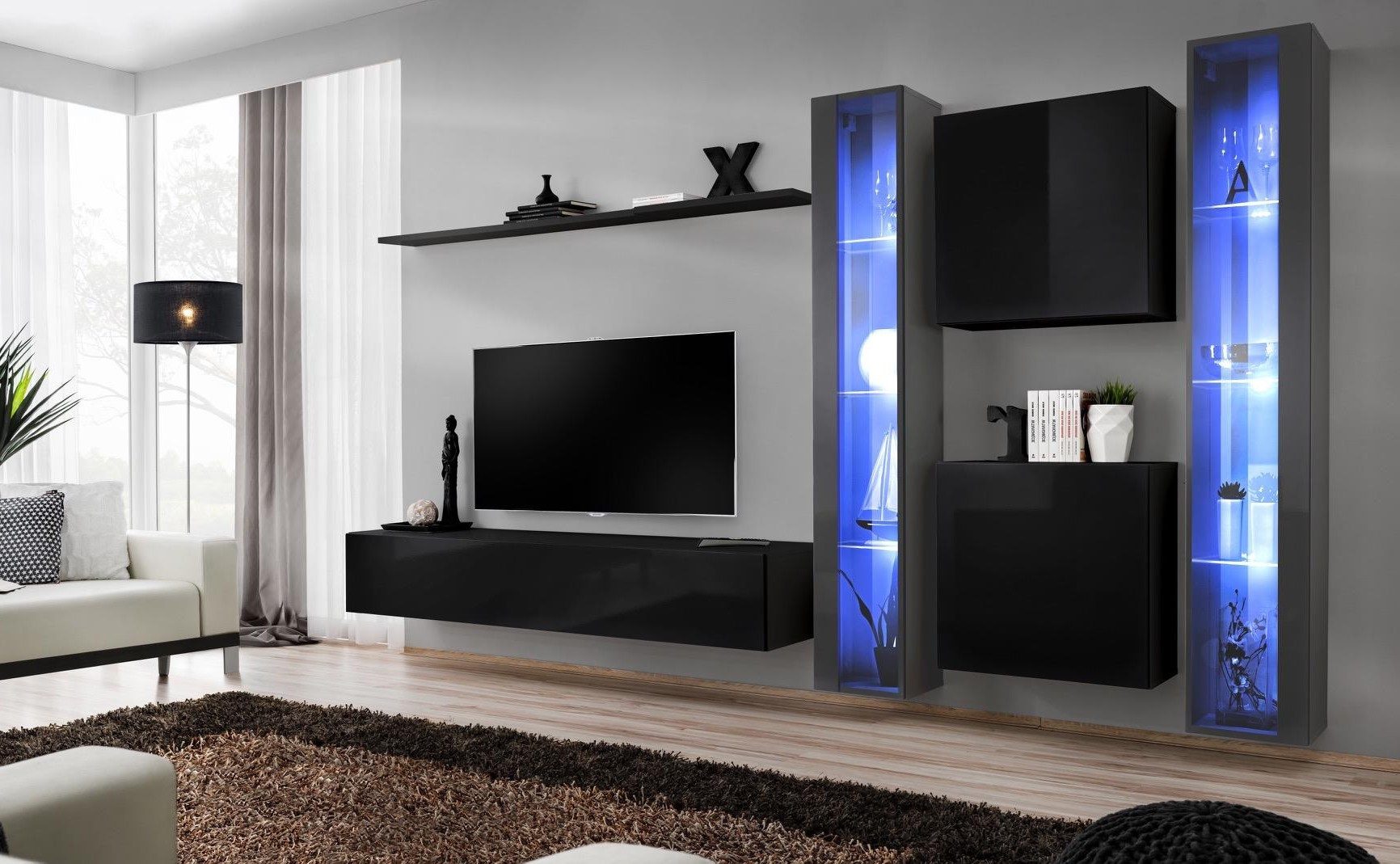 Wohnwand Holzmöbel Set mit Vitrine und Wand Schrank für stilvolle Einricht