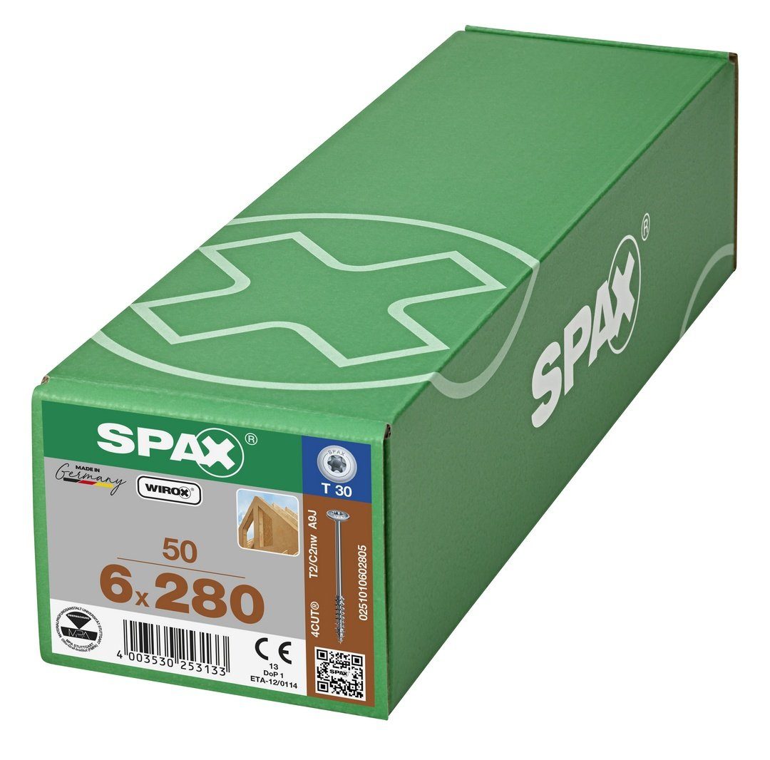 50 (Stahl 6x280 Spanplattenschraube mm St), verzinkt, HI.FORCE, weiß SPAX