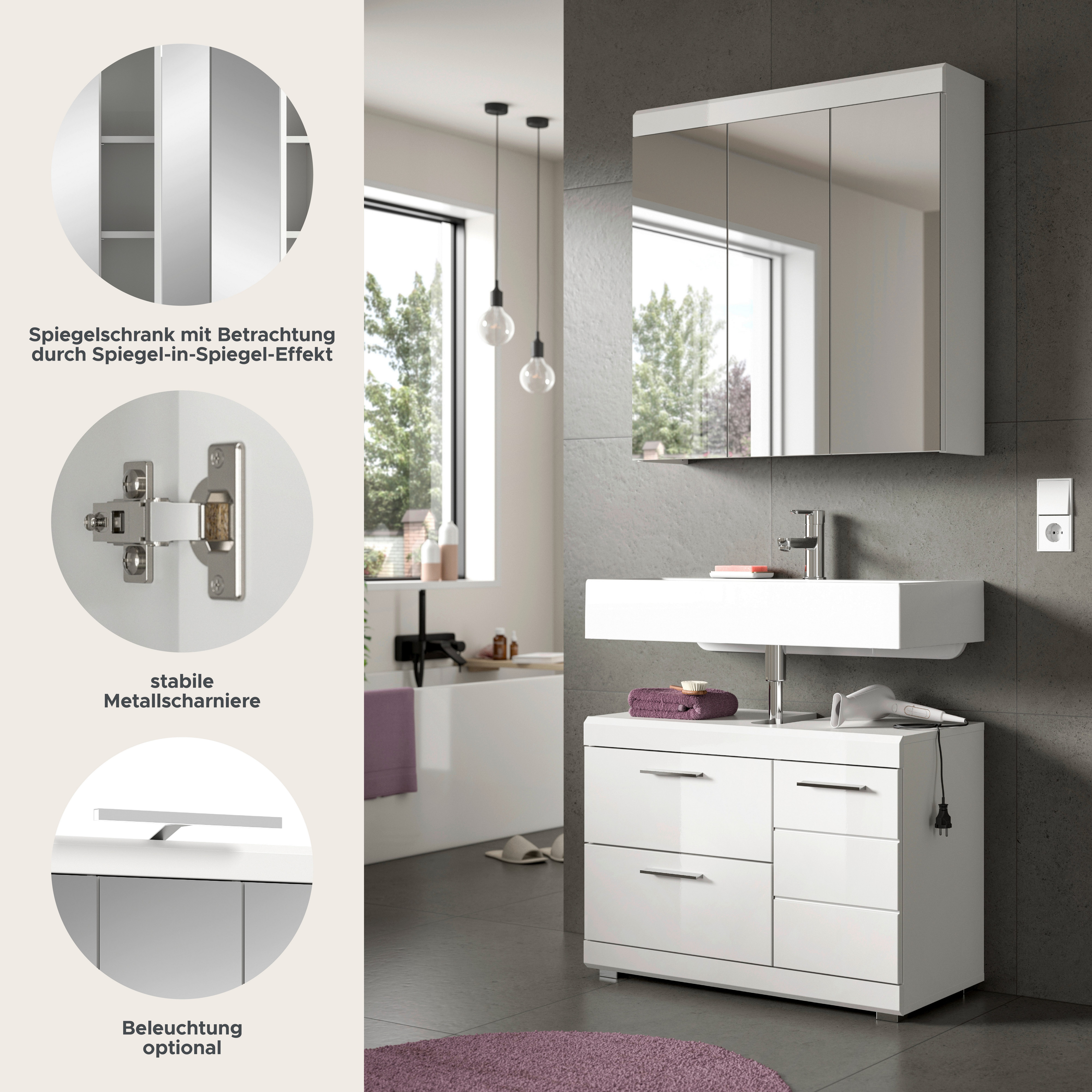 welltime Badmöbel-Set SIENA, 2-teilig, Waschbeckenunterschrank & Spiegelschrank, MDF-Front, (TOPSELLER!, individuell um weitere Artikel der Serie SIENA erweiterbar), Badmöbel, Kombination, Badezimmer, Badset, Möbel-Set, Set