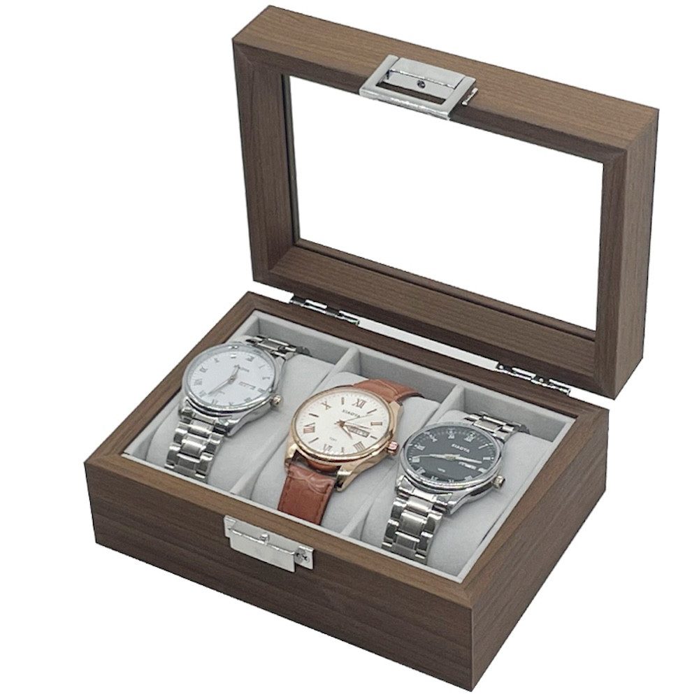 mixed24 Schmuckkasten Uhrenkoffer für 3 Uhren Aufbewahrung für Armbanduhren, Armbänder Deckel aus Echtglas Uhrenbox Uhrenkasten Uhrenaufbewahrung