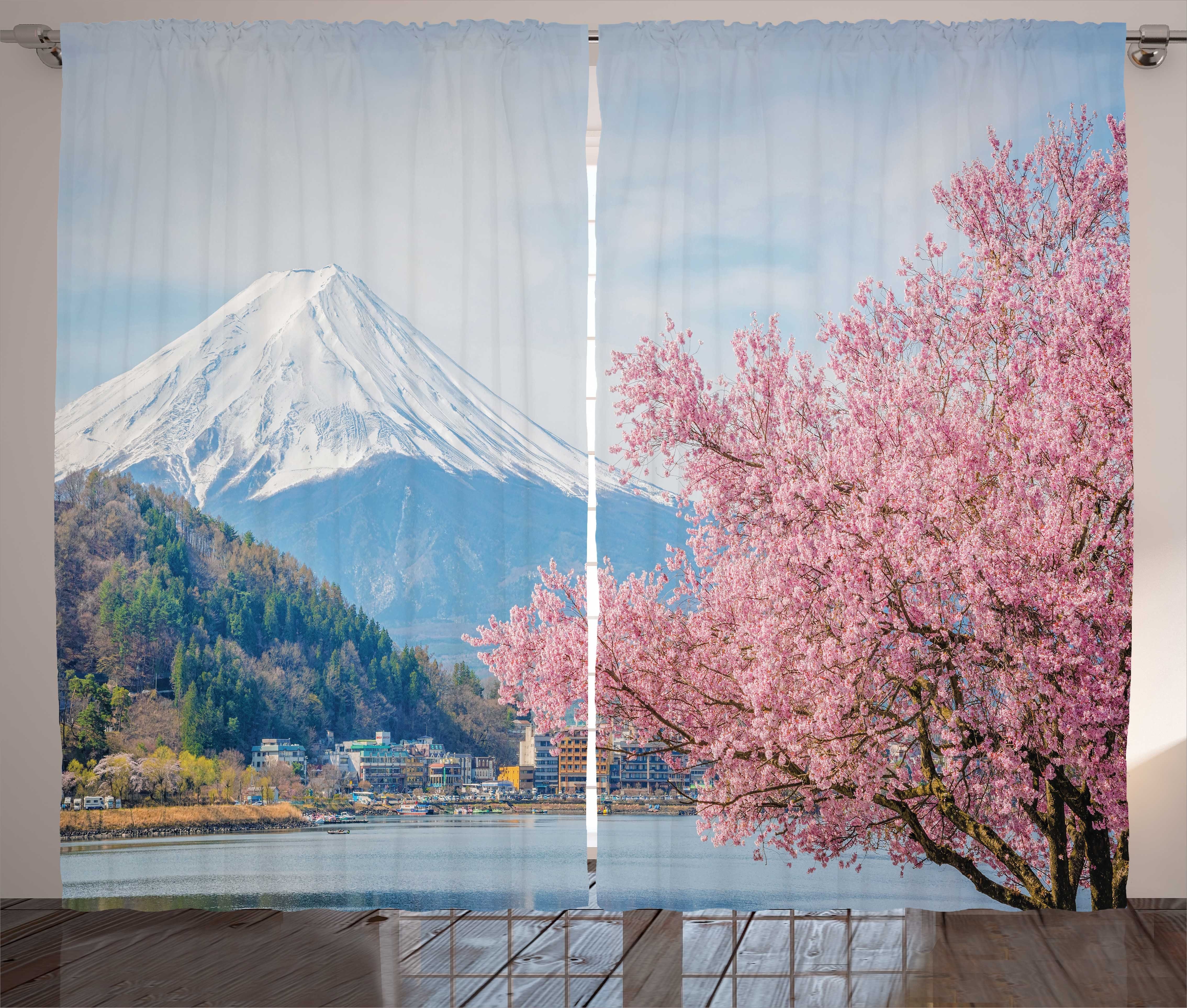 Gardine Schlafzimmer Kräuselband Vorhang mit Schlaufen und Haken, Abakuhaus, Schneeberg Sakura und Mount Fuji