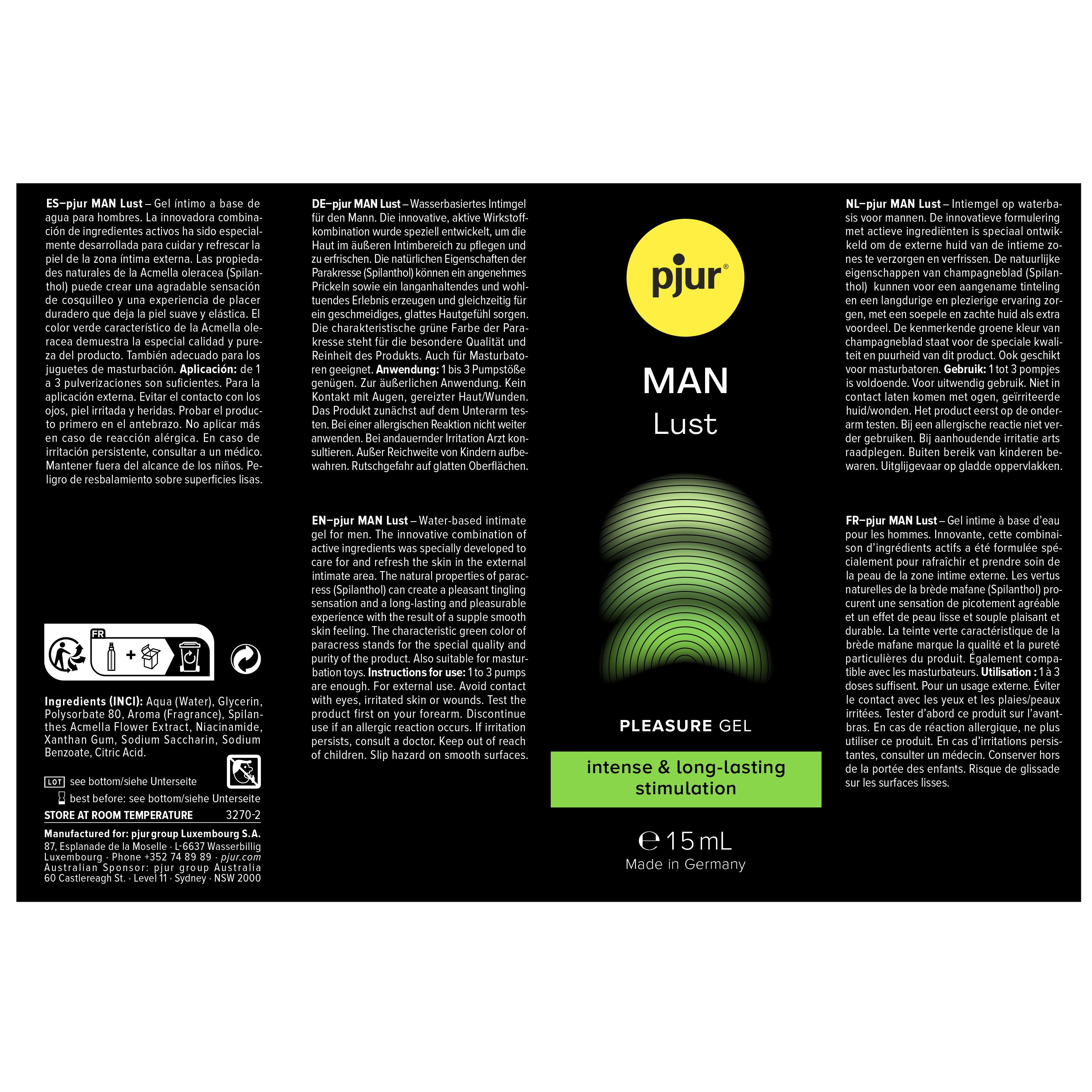 pjur Stimulationsgel MAN Lust - 15ml - wasserbasiertes Pleasure Gel mit Parakresse, für intensive Stimulation - auch mit Toys geeignet - Made in Germany