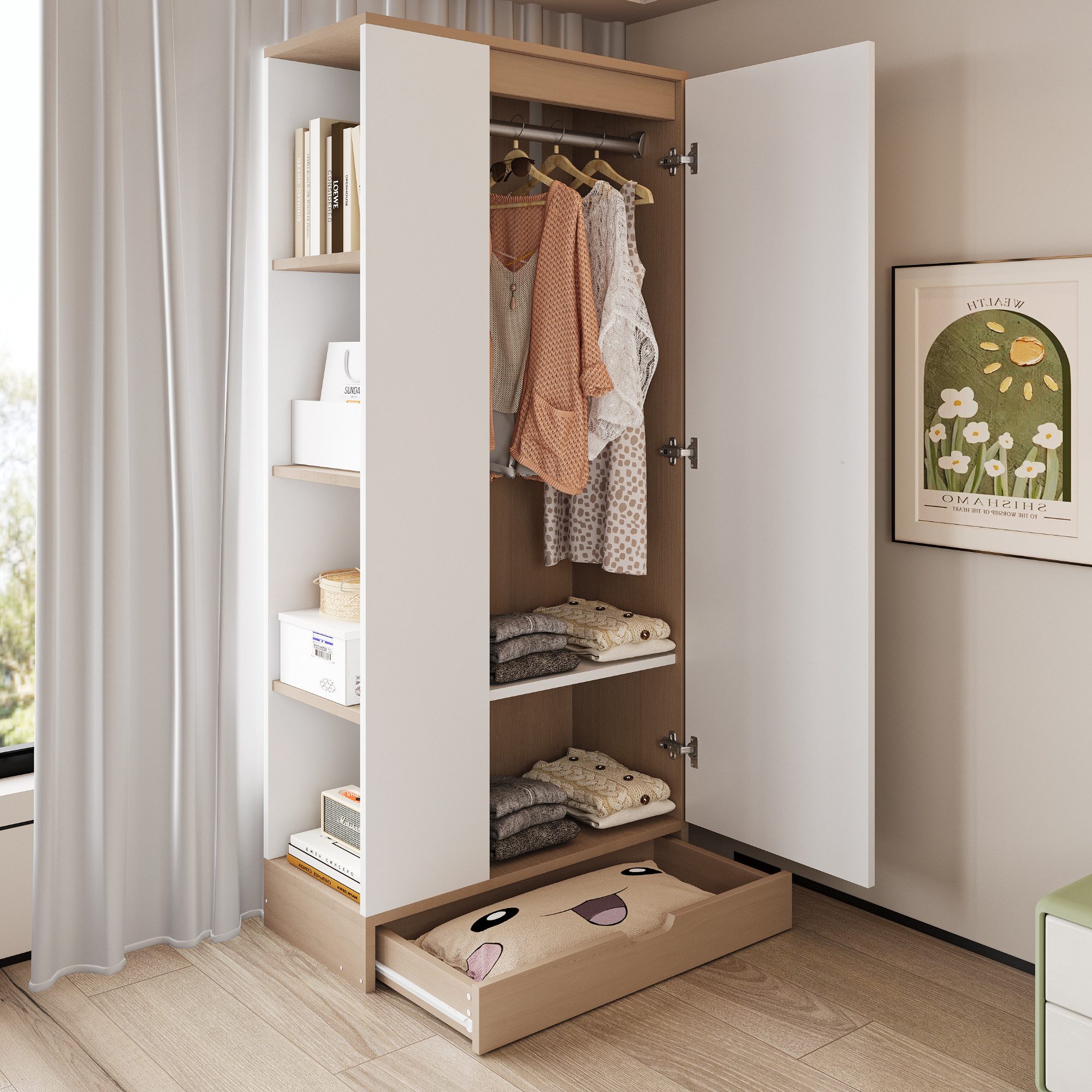 Odikalo Kleiderschrank Eckkleiderschrank mit Schubladen weiss natur (Kleide günstig online kaufen
