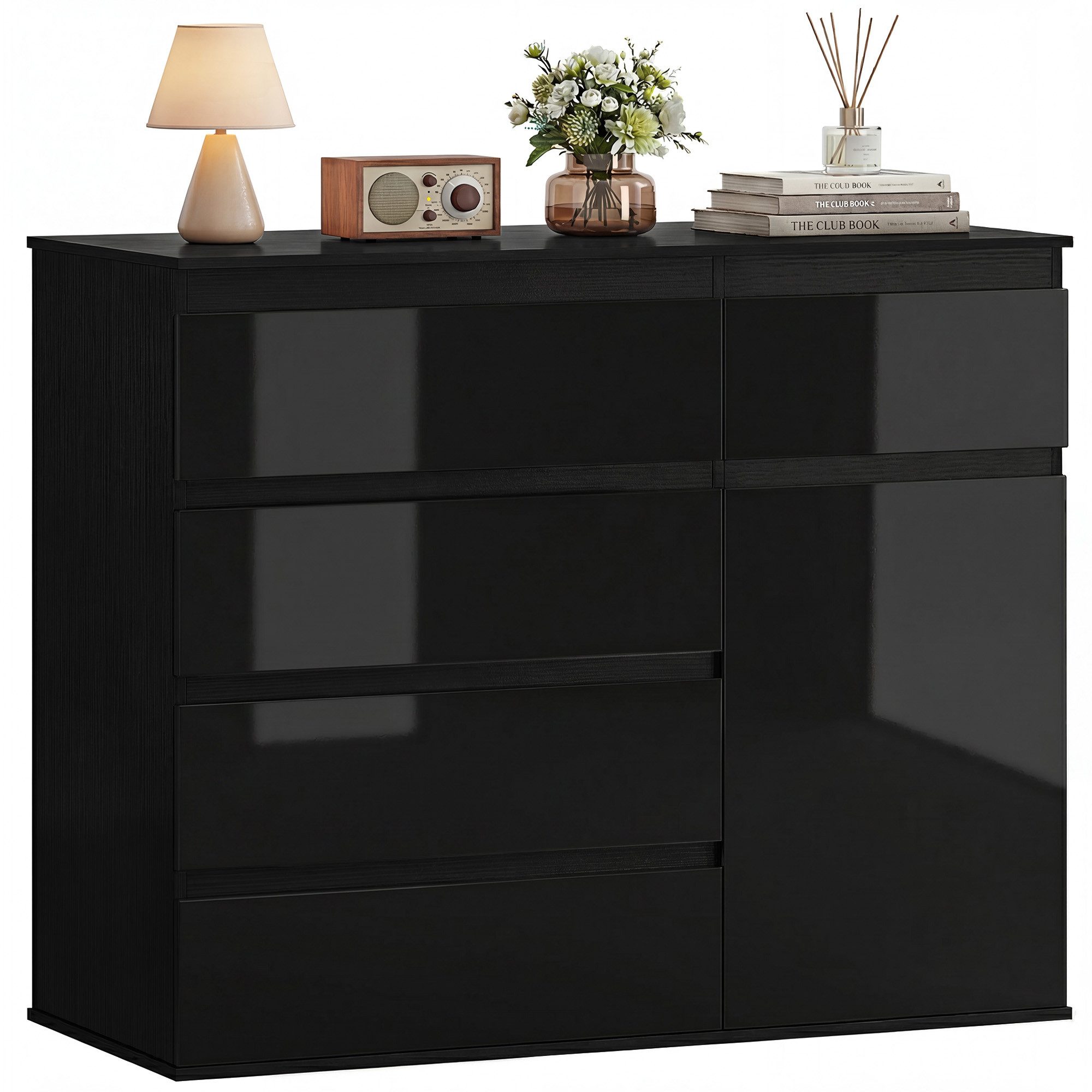 HOMCOM Kommode Regal verstellbar Schubladenschrank für Wohnzimmer 100x40x80cm (Aufbewahrungsschrank, 1 St., Sideboard), Fünf Schubladen, ein Schrank, hochglanzschwarz, Soft-Close