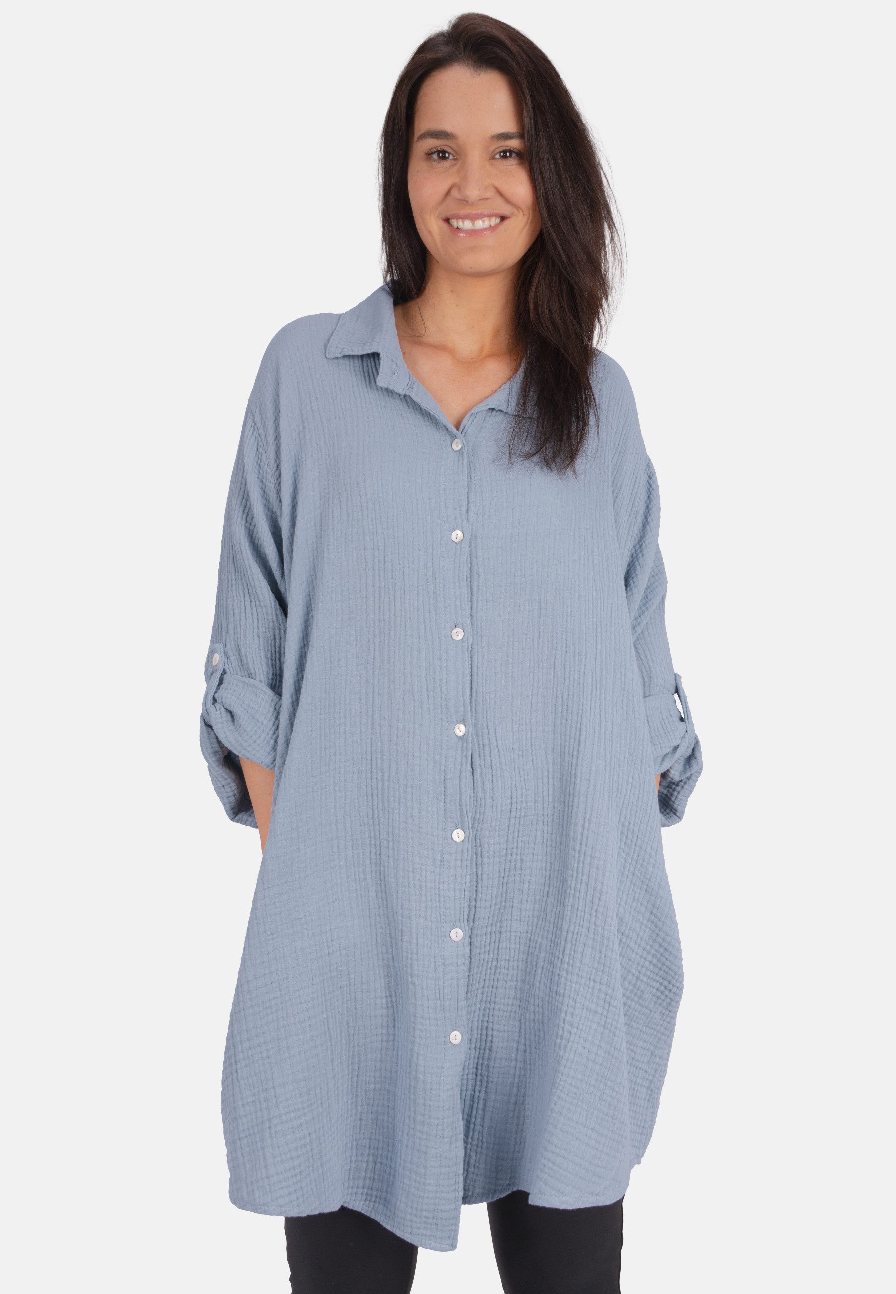 GORGLITTER Damen Musselin Bluse - Oversized Hemdbluse Gestreift Mit Taschen Für Herbst