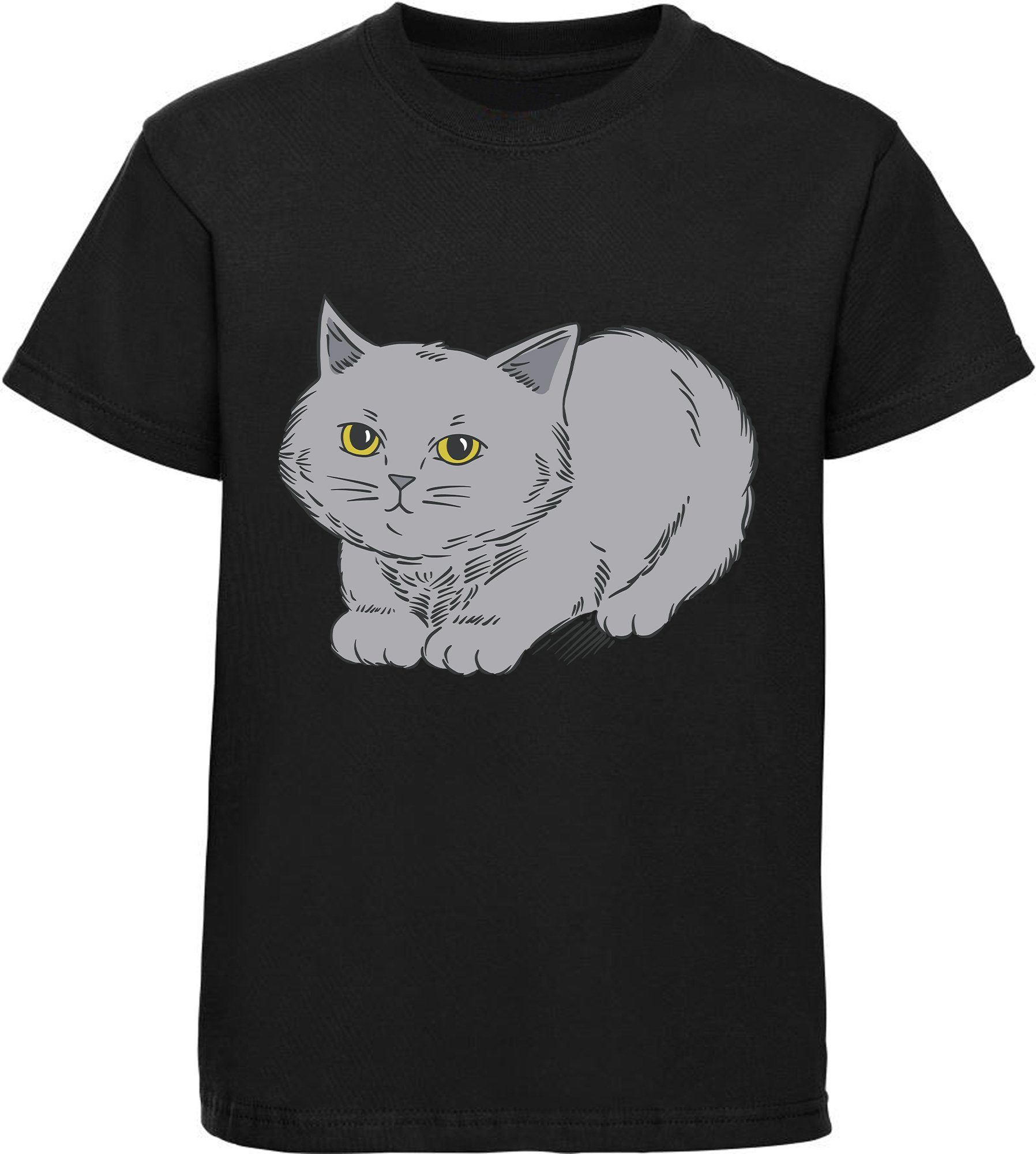 MyDesign24 Print-Shirt bedrucktes Mädchen T-Shirt mit niedlicher grauen Katze Baumwollshirt mit Katze, weiß, schwarz, rot, rosa, i107 | T-Shirts