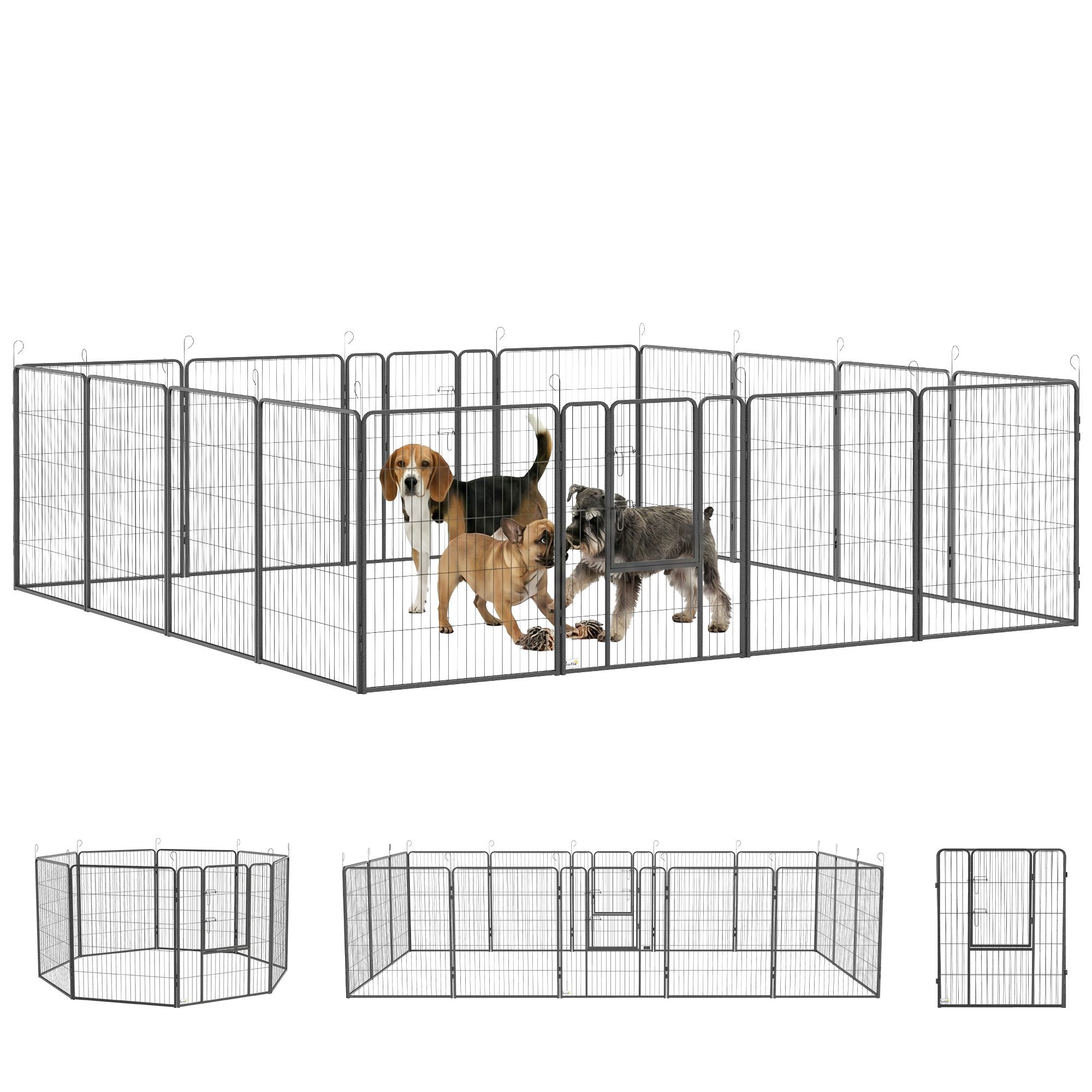 PawHut Freigehege für Große, Mittlere, Kleine Hunde, Kleintierauslauf, mit zwei Türen, für Garten, Balkon, Grau