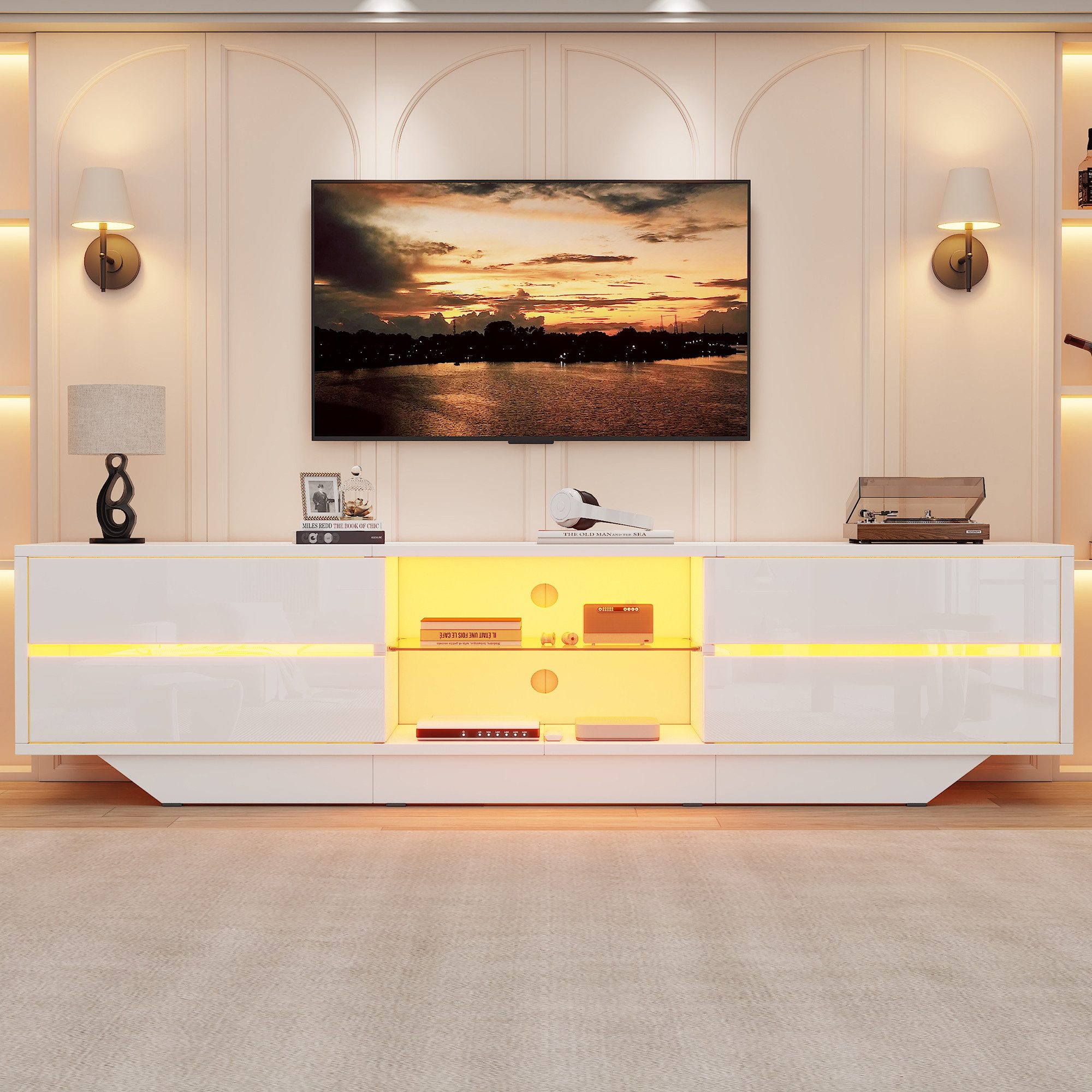 Merax Lowboard mit LED Beleuchtung & RGB App-Steuerung (Fernsehtisch 160 x 35 x 44,5 cm, 1 St), Hochglanz TV-Schrank mit 2 Klapptüren, Ablagefach & Stauraum