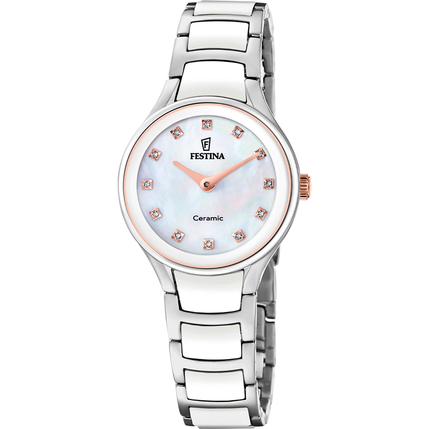 Festina Quarzuhr Ceramic Damenuhr F20752-8 – Perlmutt, Zirkonia, Keramikband, 30,5 mm