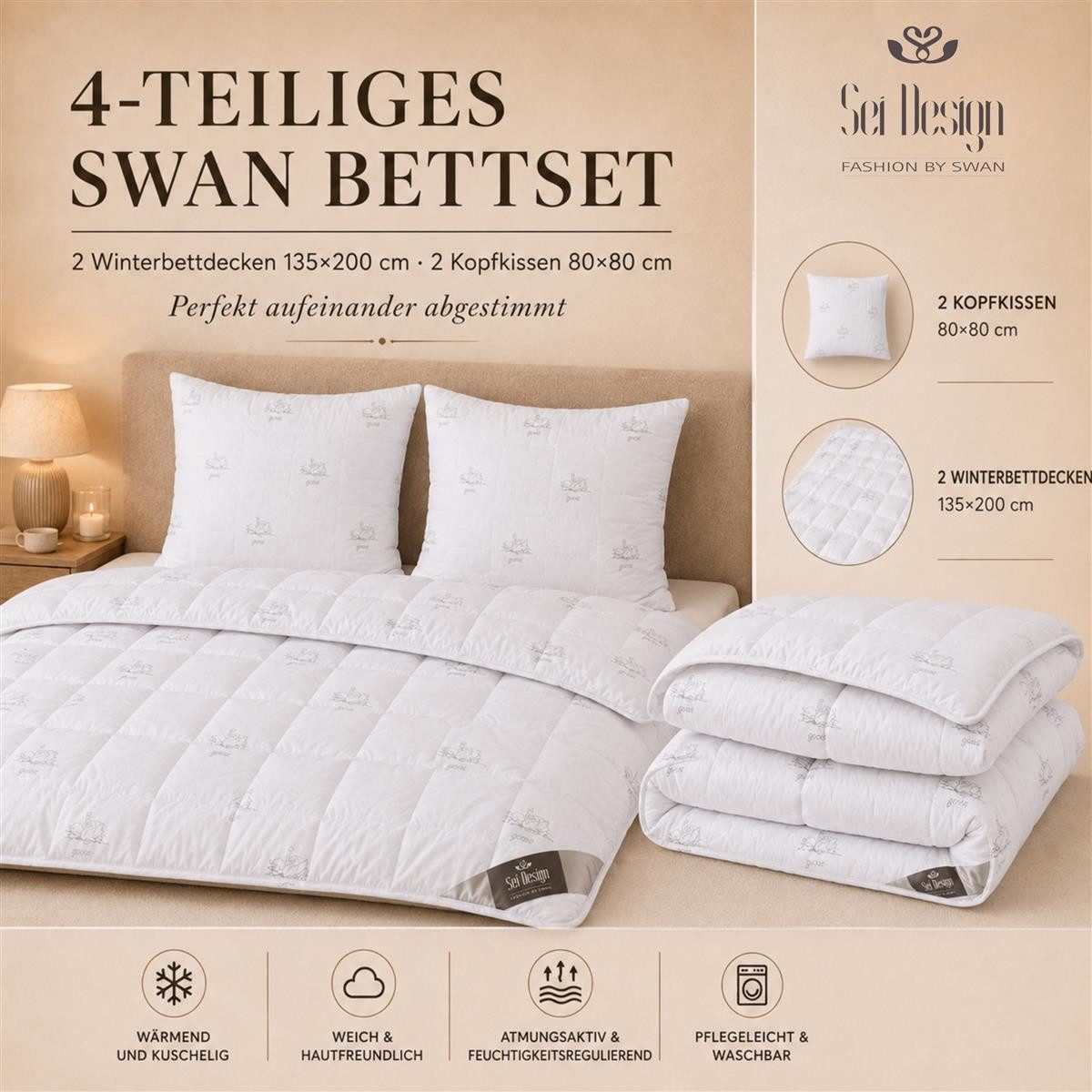 SEI Design Microfaserbettdecke Bettset SWAN 4-tlg 2x Winter-Bettdecken 135x200 + 2x Kissen 80x80, Füllung: daunenähnliches Gefühl, Bett-Set 4-Tlg.: 2x Bettdecken 135x200 + 2x Kissen 80x80