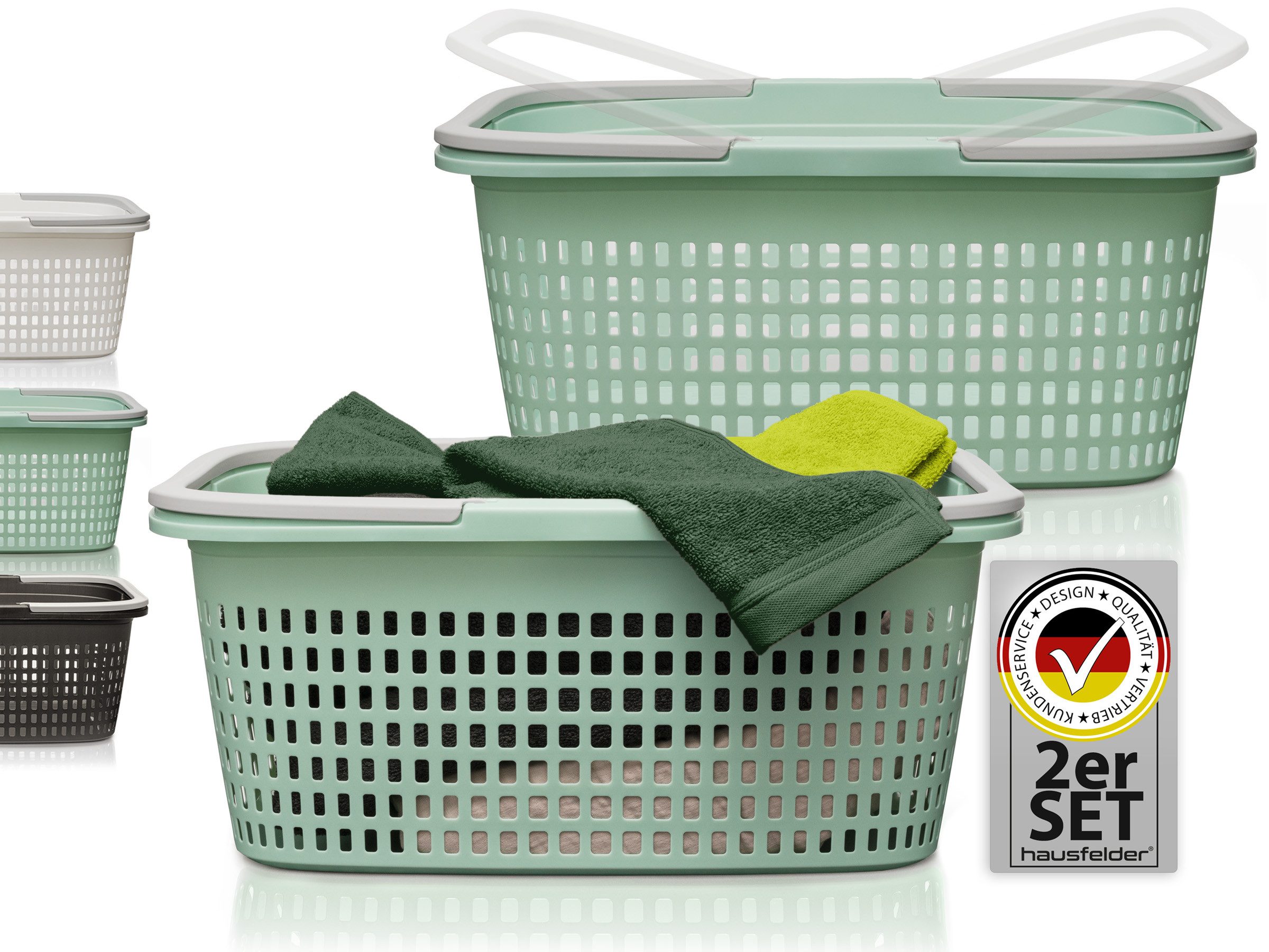 Hausfelder Wäschekorb Wäschewanne 58x37x25cm (Jadegrün, 2 Körbe, 35 l) (Set, 2 St., 2 x Wäschekorb), mit klappbaren Henkeln, mit Griffen, 35 Liter