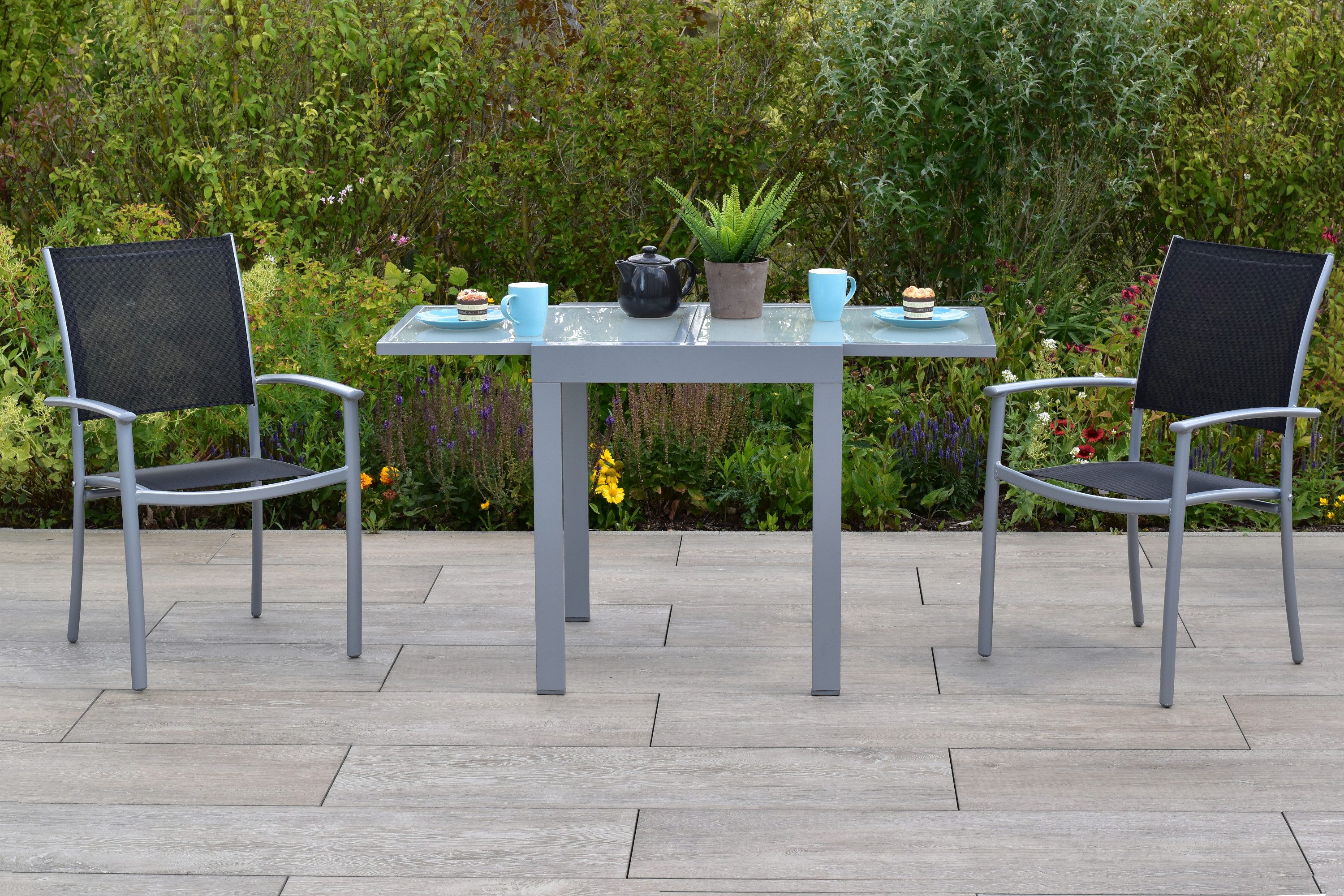 MERXX Garten-Essgruppe »Milano«, (Set, 3-tlg., Pulverbeschichtetes Aluminiumgestell), Ausziehtisch: LxB: 65-130 x 130 cm