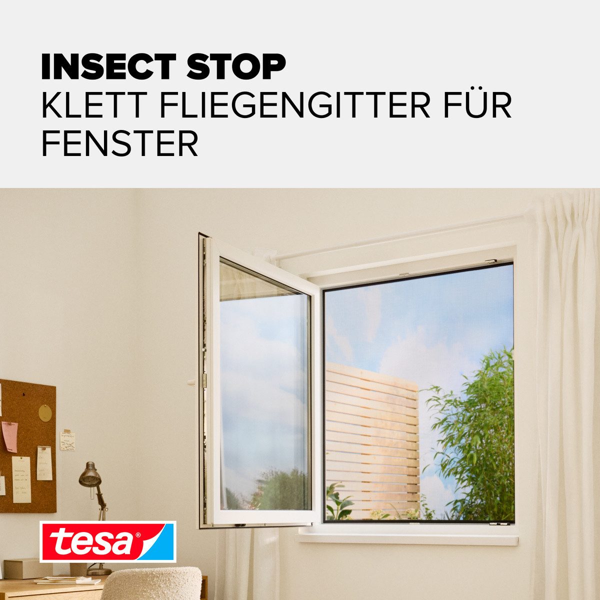tesa Insektenschutz-Fensterrahmen Insect Stop Standard Fliegengitter für Fenster - 1.1 m :1.3 m, (Packung, 1-St., Fliegennetz, Klettband), Insektenschutzgitter -Fliegenetz ohne Bohren -zuschneidbar