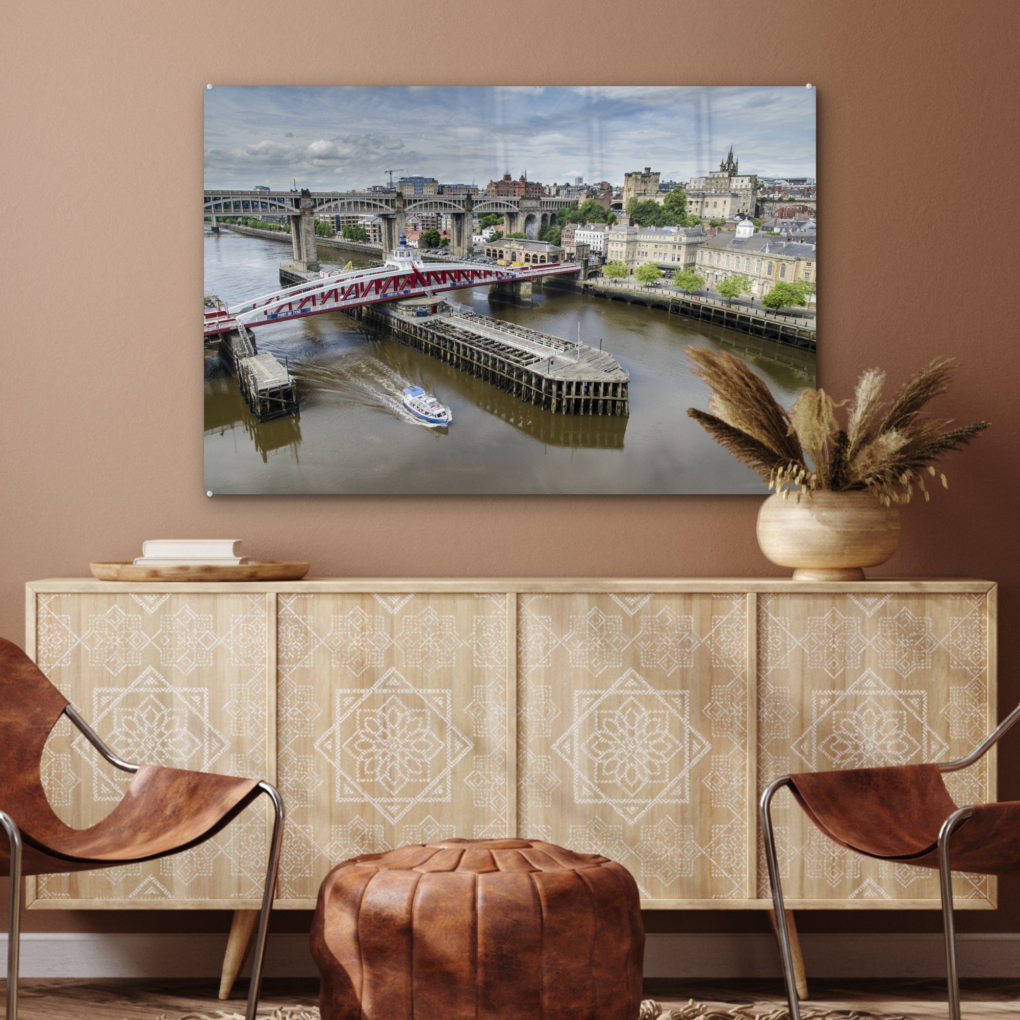 MuchoWow Acrylglasbild Luftaufnahme Newcastle-upon-Tyne, (1 St), Acrylglasbilder mehrerer Schlafzimmer Wohnzimmer Brücken & Eine in