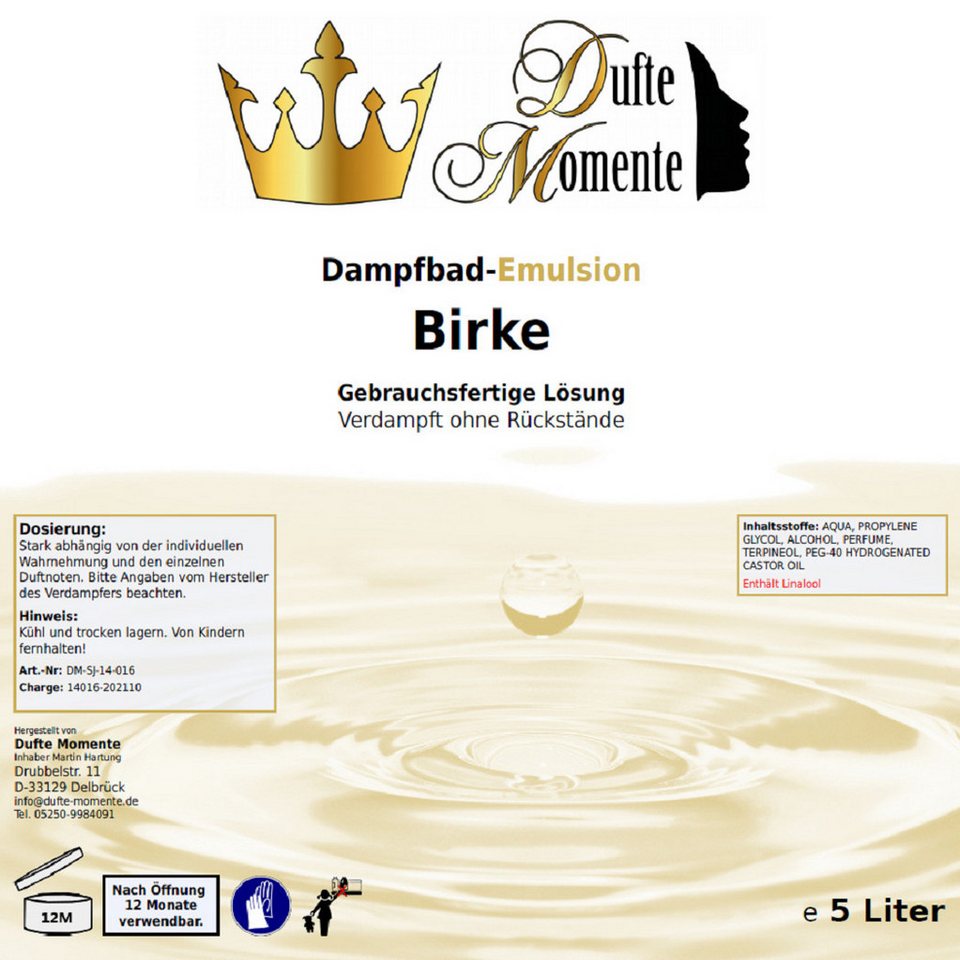 Thumbnail - Dufte Momente Duftöl Dampfbad Emulsion Birke 5 Liter, gebrauchsfertig, vegan und ohne Tierversuche